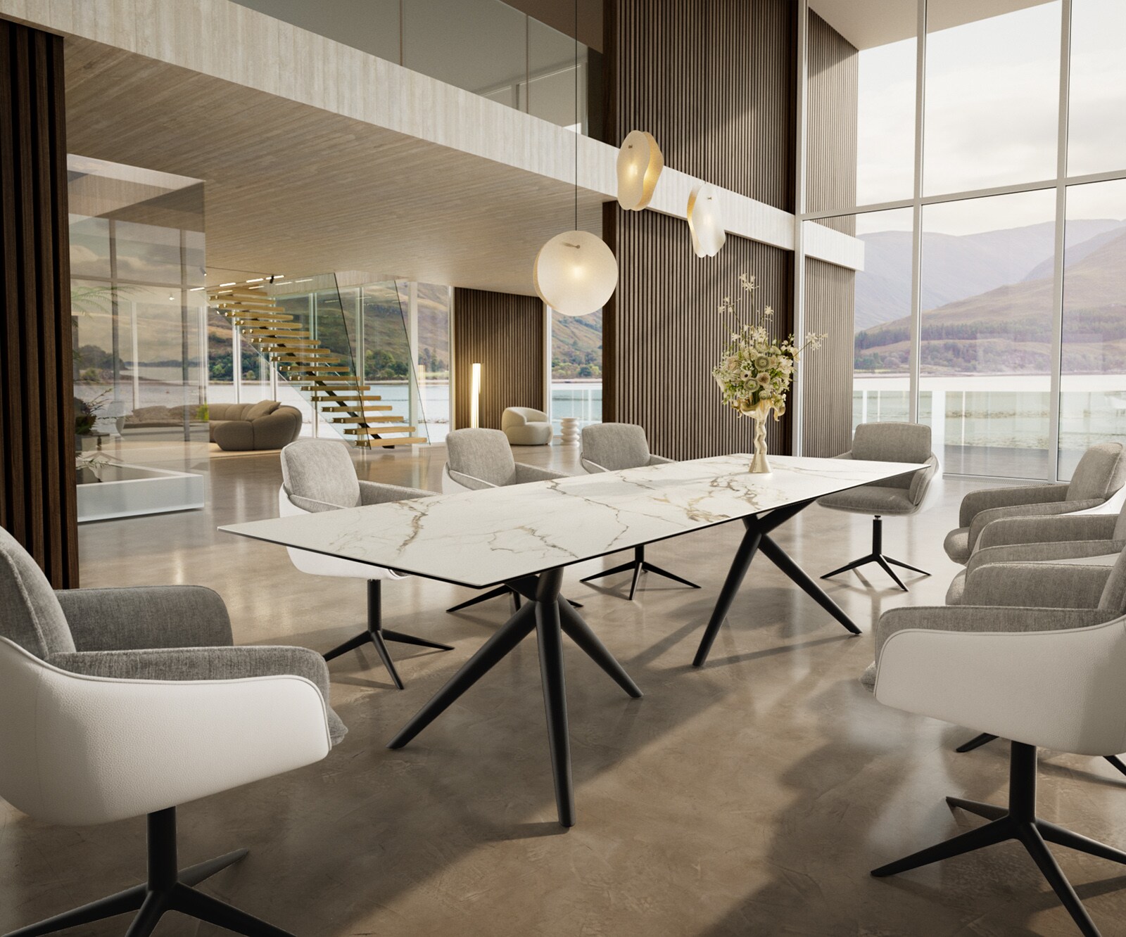 Esstisch Edge 300x100 Keramik Calacatta Luxe Weiß-Gold-Grau Estelar rund Metall Schwarz 5