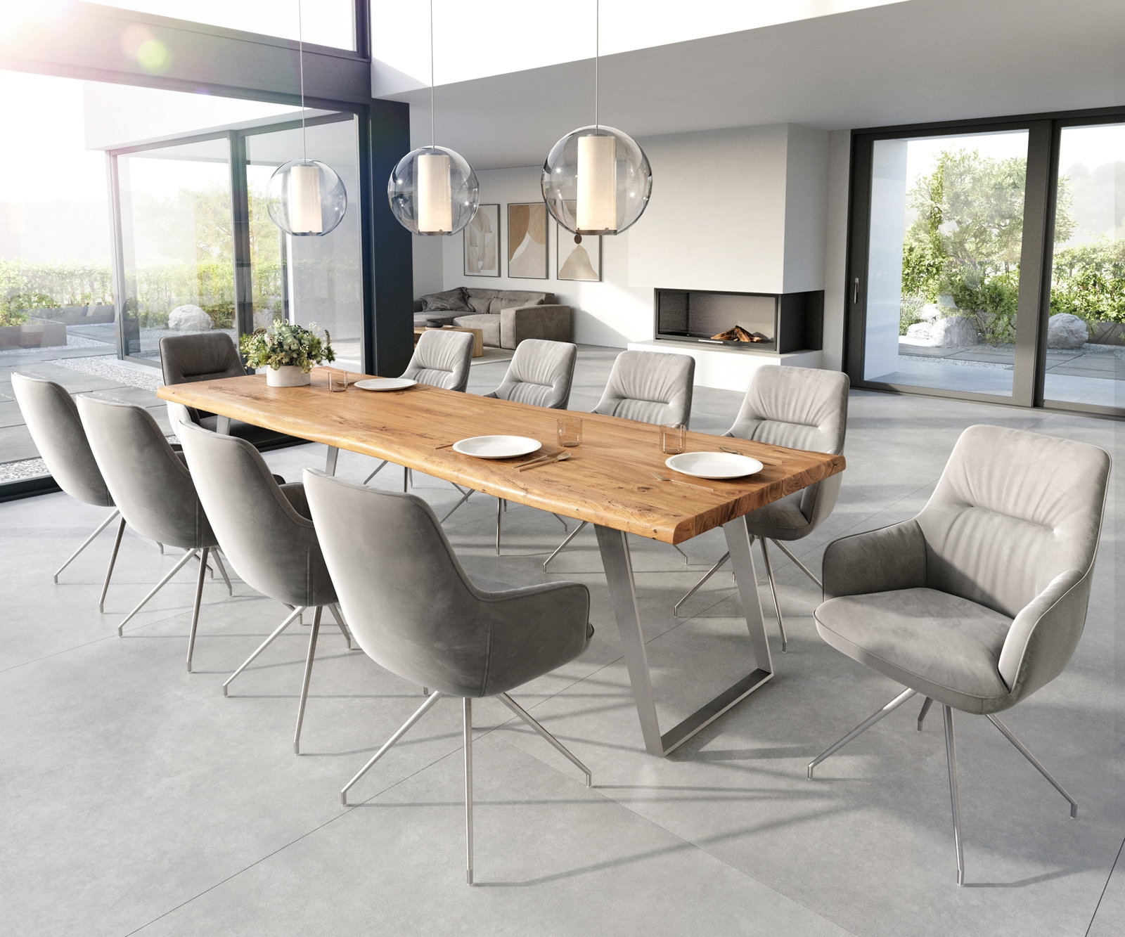 Esszimmerstuhl Zelia-Flex mit Armlehnen Samt Grau Kreuzgestell konisch Edelstahl Taschenfederkern 3 Esszimmerstuhl Zelia-Flex mit Armlehnen Samt Grau Kreuzgestell konisch Edelstahl Taschenfederkern 3