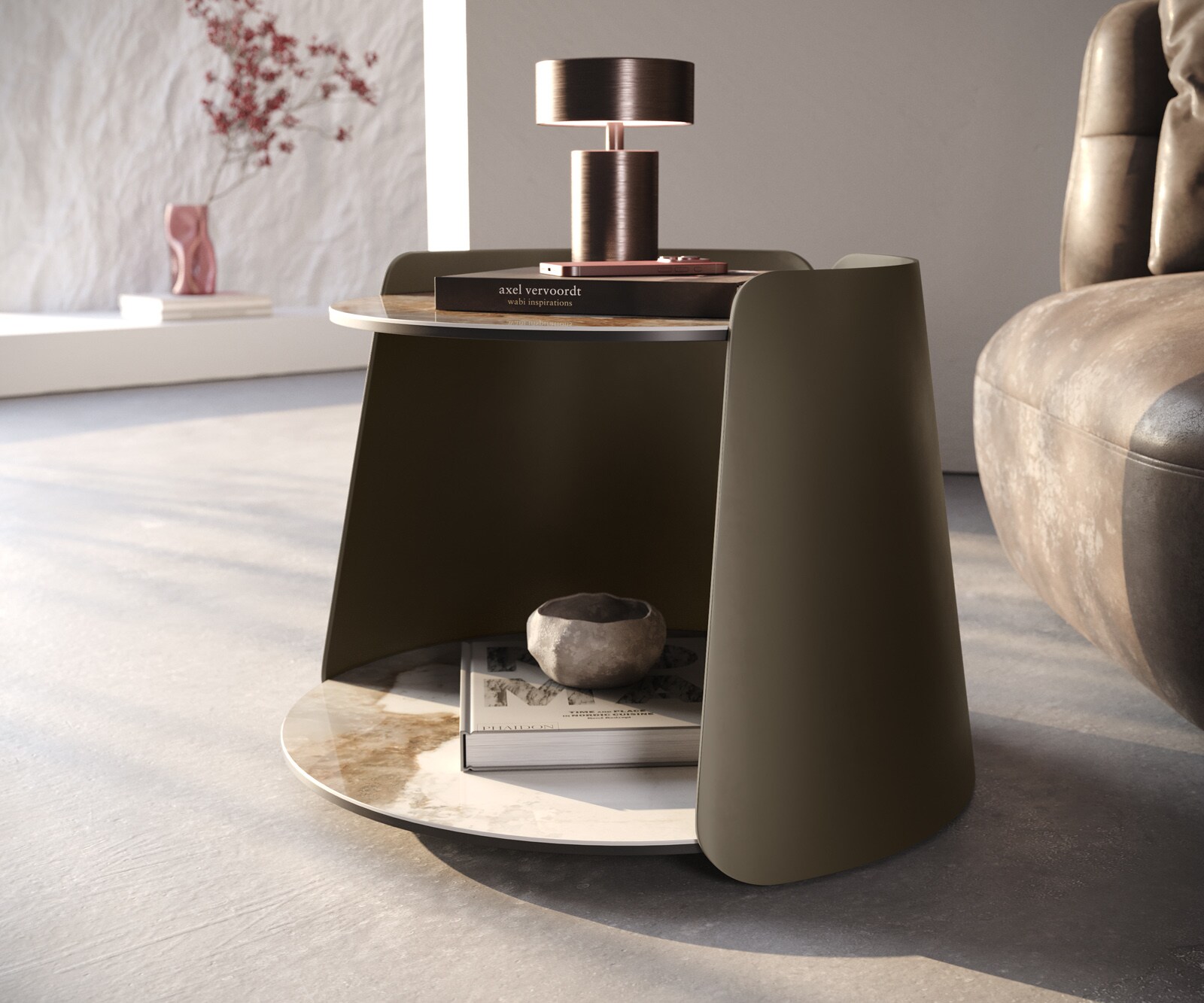 Couchtisch Daban 59x59 cm Keramik Minas Melange Weiß-Beige Gestell Metall Titanfarbig 4