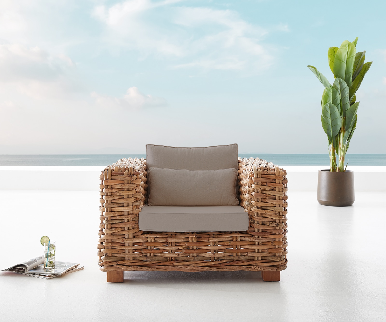 Loungesessel Nizza aus Rattan natur mit Kissen braun 2
