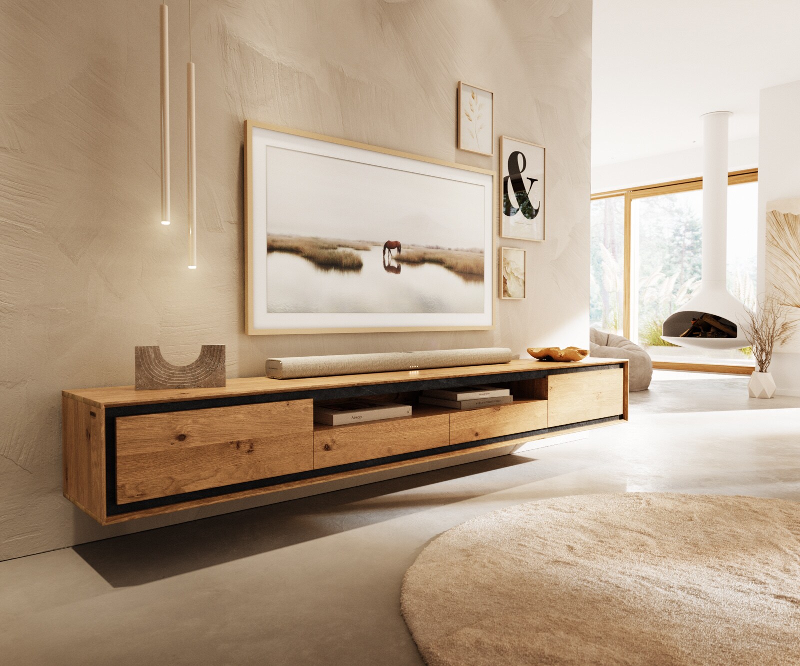 Meuble-TV Stonegrace 240 cm Chêne Naturel 2 portes 1 compartiment 2 tiroirs Placage pierre Suspendu