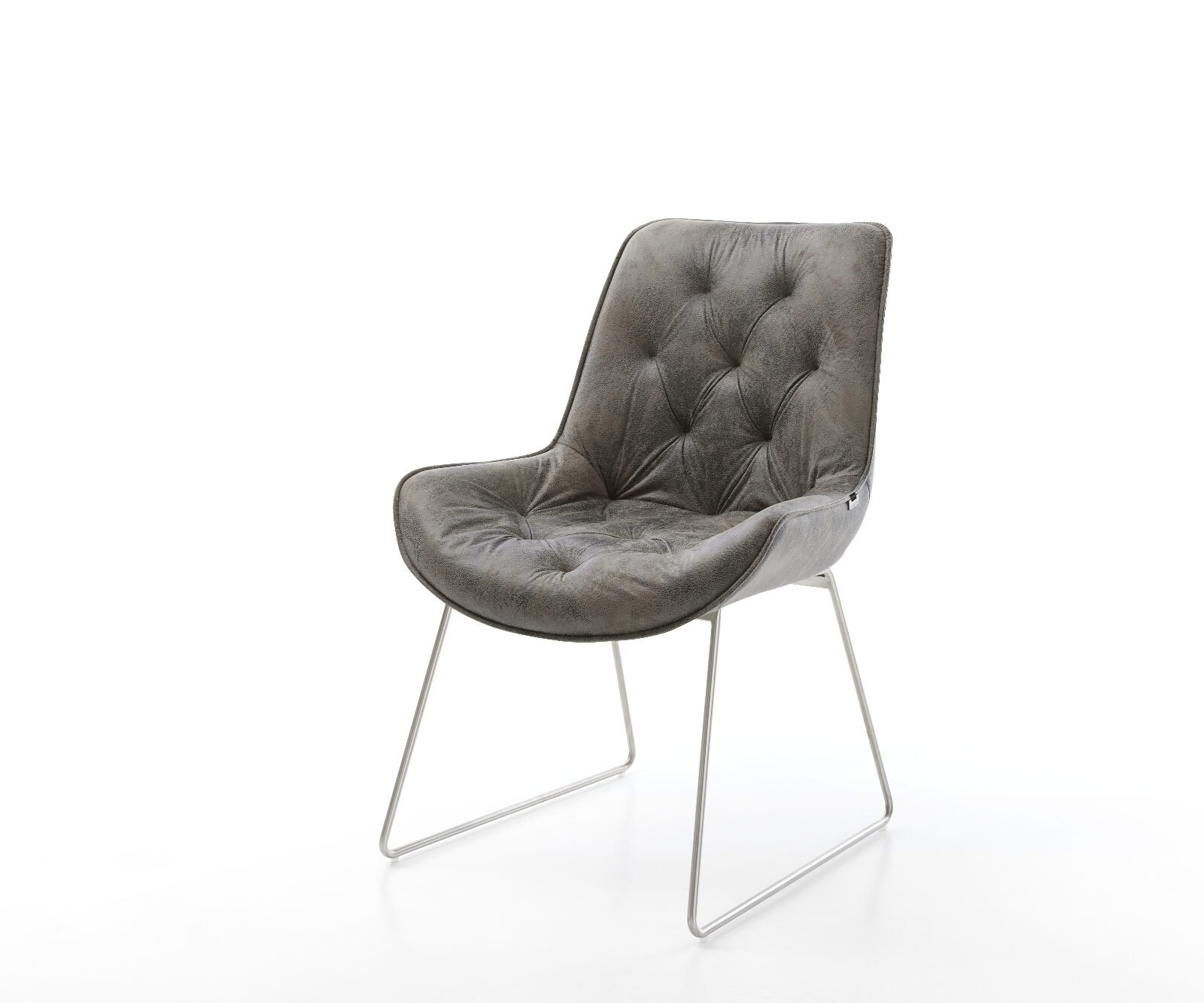 Chaise-de-salle-à-manger Taimi-Flex microvelours gris antique pied trapèze acier inoxydable brossé