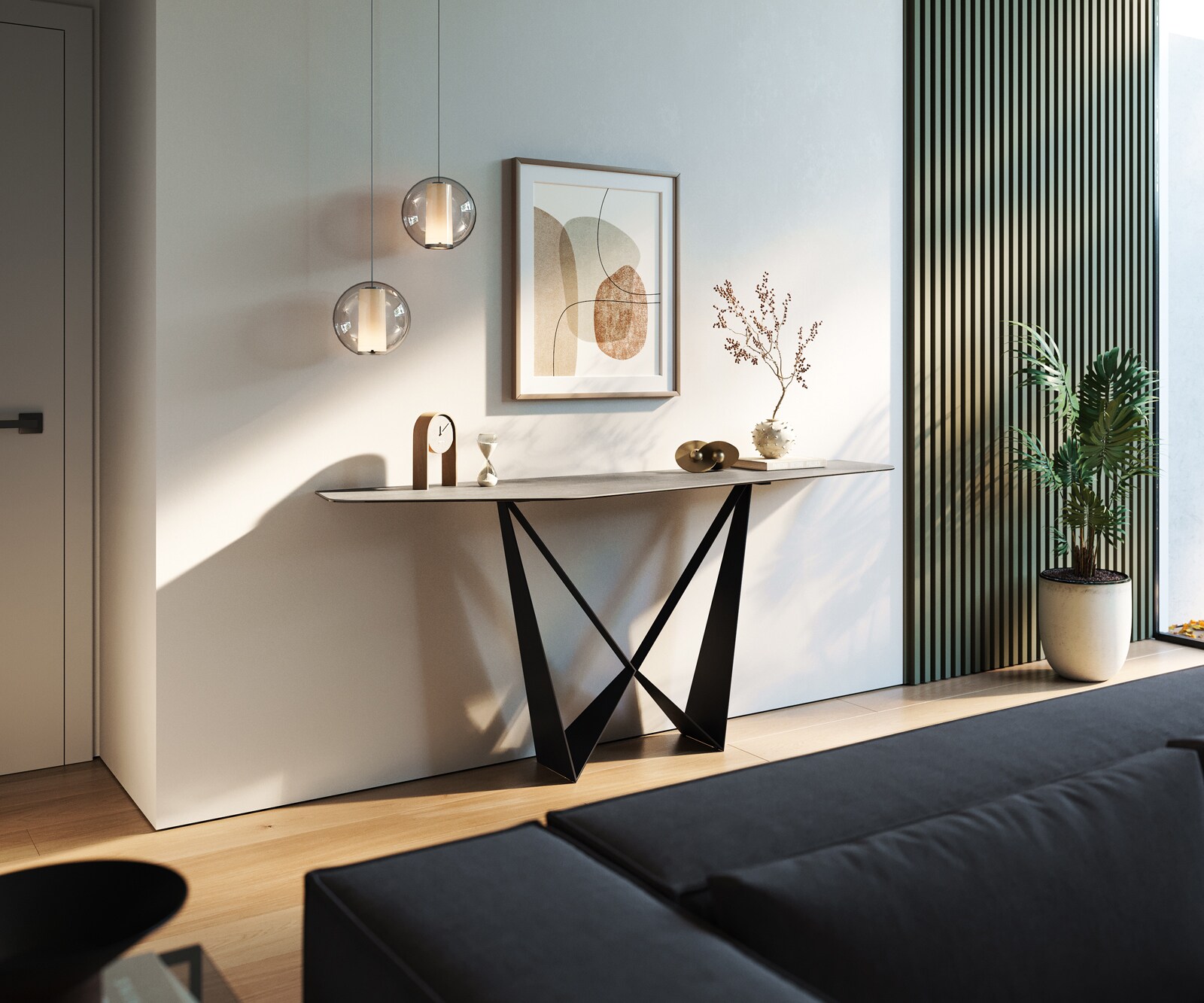 Konsolentisch Edge Polygonal 180x50 cm Keramik Beton Grau Spios Metall Schwarz 7