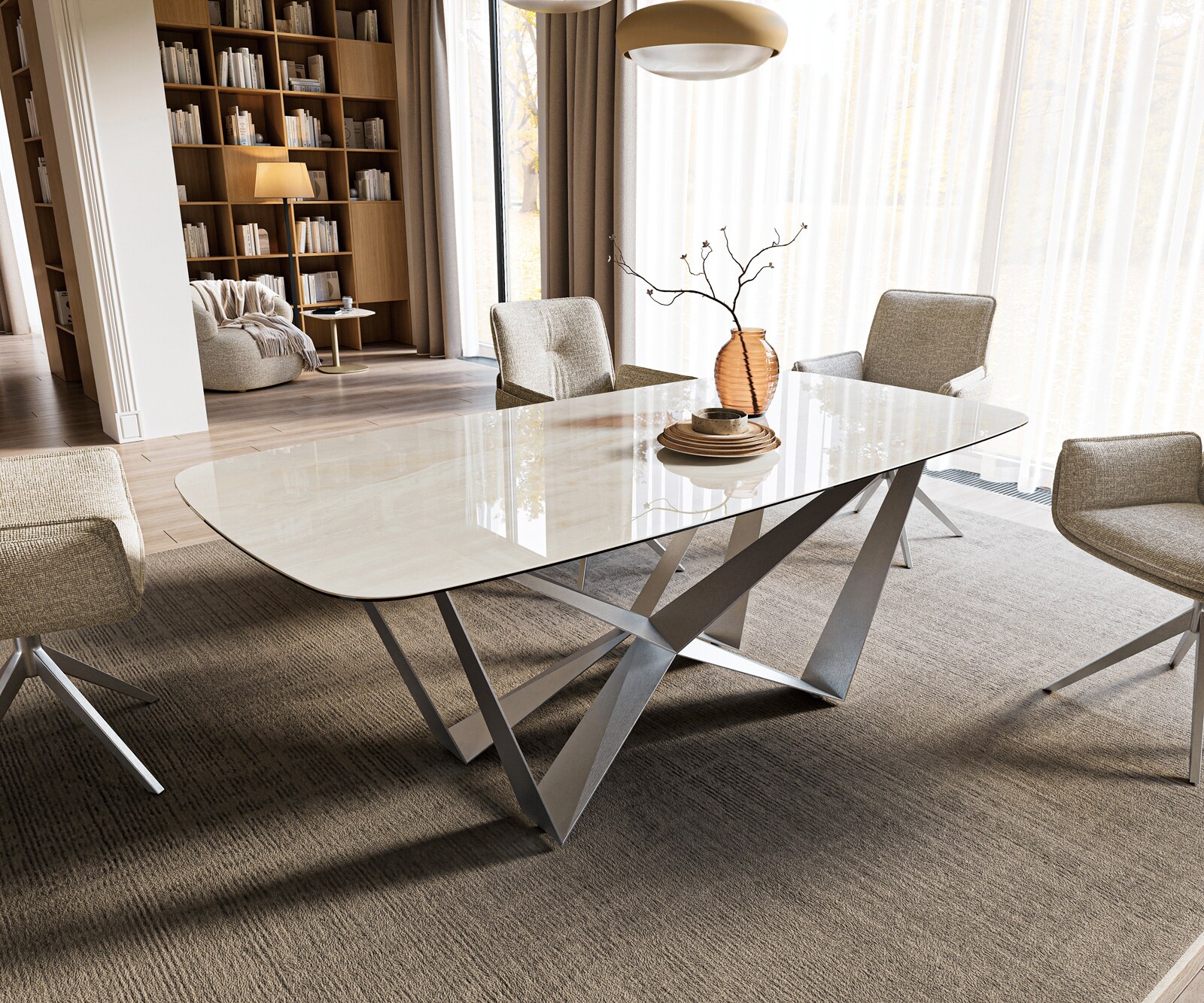 Esstisch Edge Boot 200x100 cm Keramik Onyx Champagne Spider Flachstahl Edelstahl Graphit