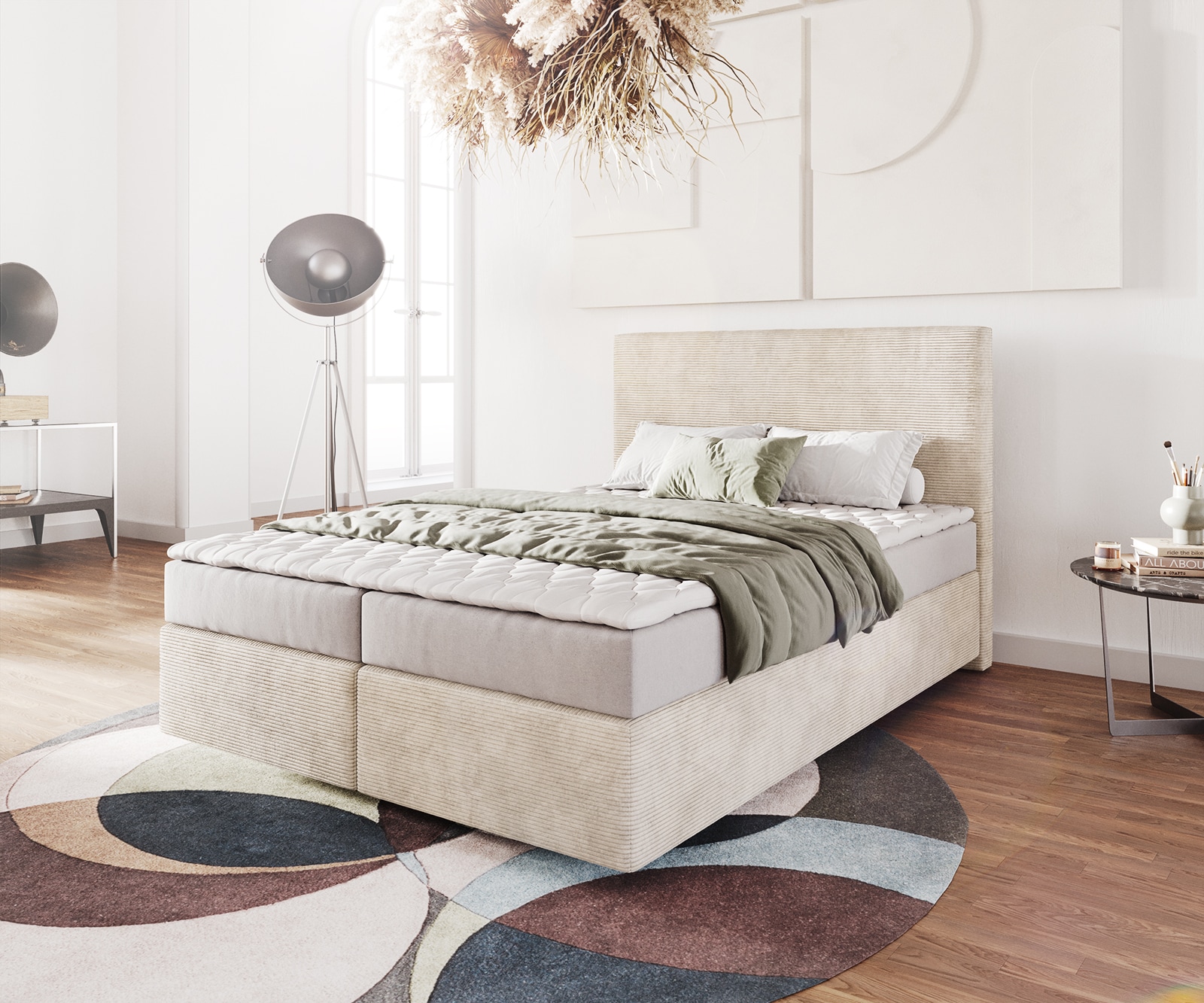 Lit-à-sommier-tapissier Dream-Well 140x200 cm Velours côtelé Beige avec matelas et surmatelas  Lit-à-sommier-tapissier Dream-Well 140x200 cm Velours côtelé Beige avec matelas et surmatelas