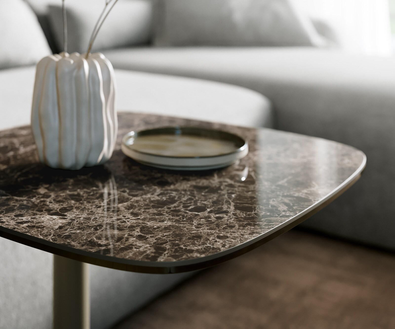 Couchtisch Edge Boot 50x50 cm Keramik Laminam® Emperador Extra Lucidato Dunkelbraun Eleny Metall Effektfinish Titan 6