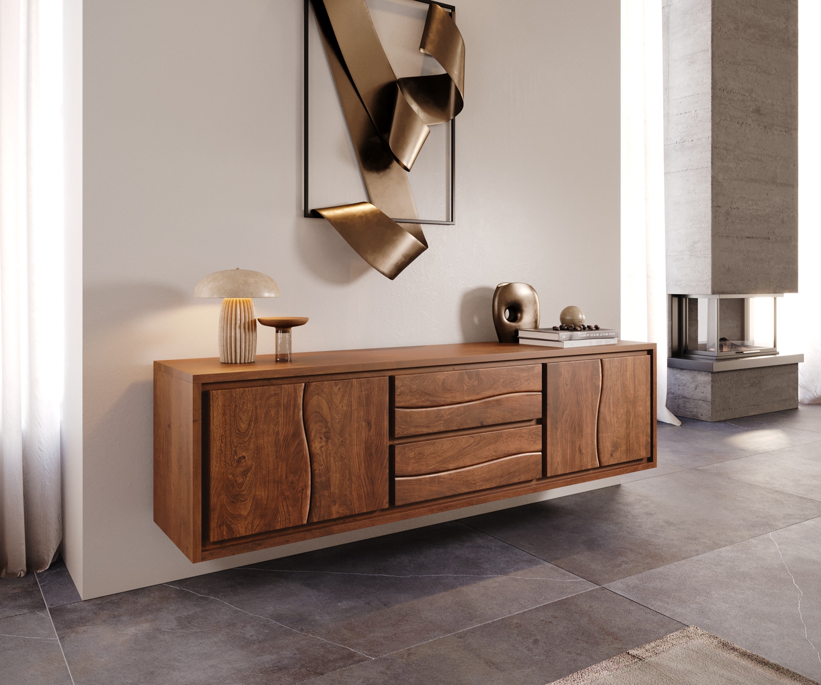 Lowboard Live-Edge 200 cm Akazie Braun 4 Türen 2 Schübe schwebend Lowboard Live-Edge 200 cm Akazie Braun 4 Türen 2 Schübe schwebend