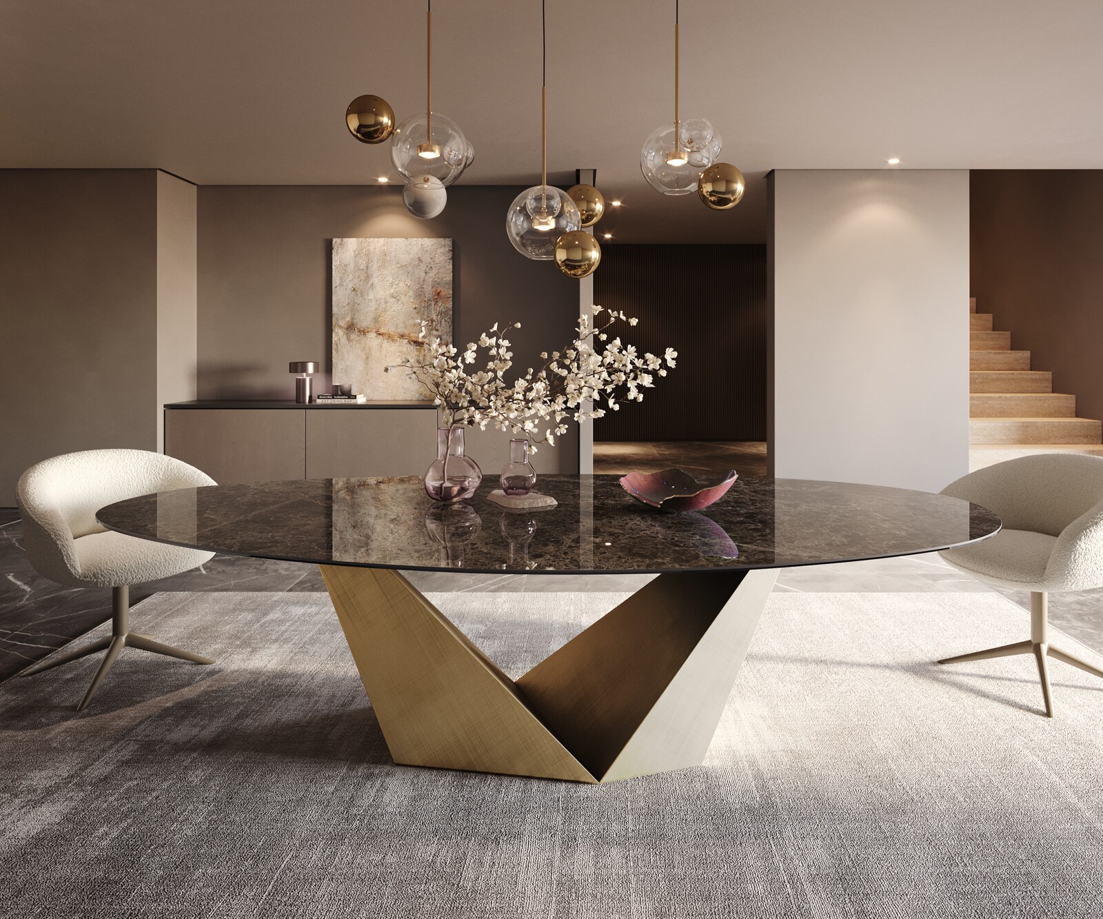 Table de salle à manger Edge Ovale Céramique Emperador Extra Lucidato Brun foncé 280x130 Prisma Métallique Or 2