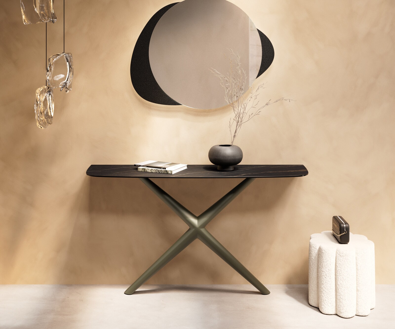 Konsolentisch Edge Boot 140x40 cm Keramik Laminam® Noir Desir Braun Estelo Metall Effektfinish Titan 1