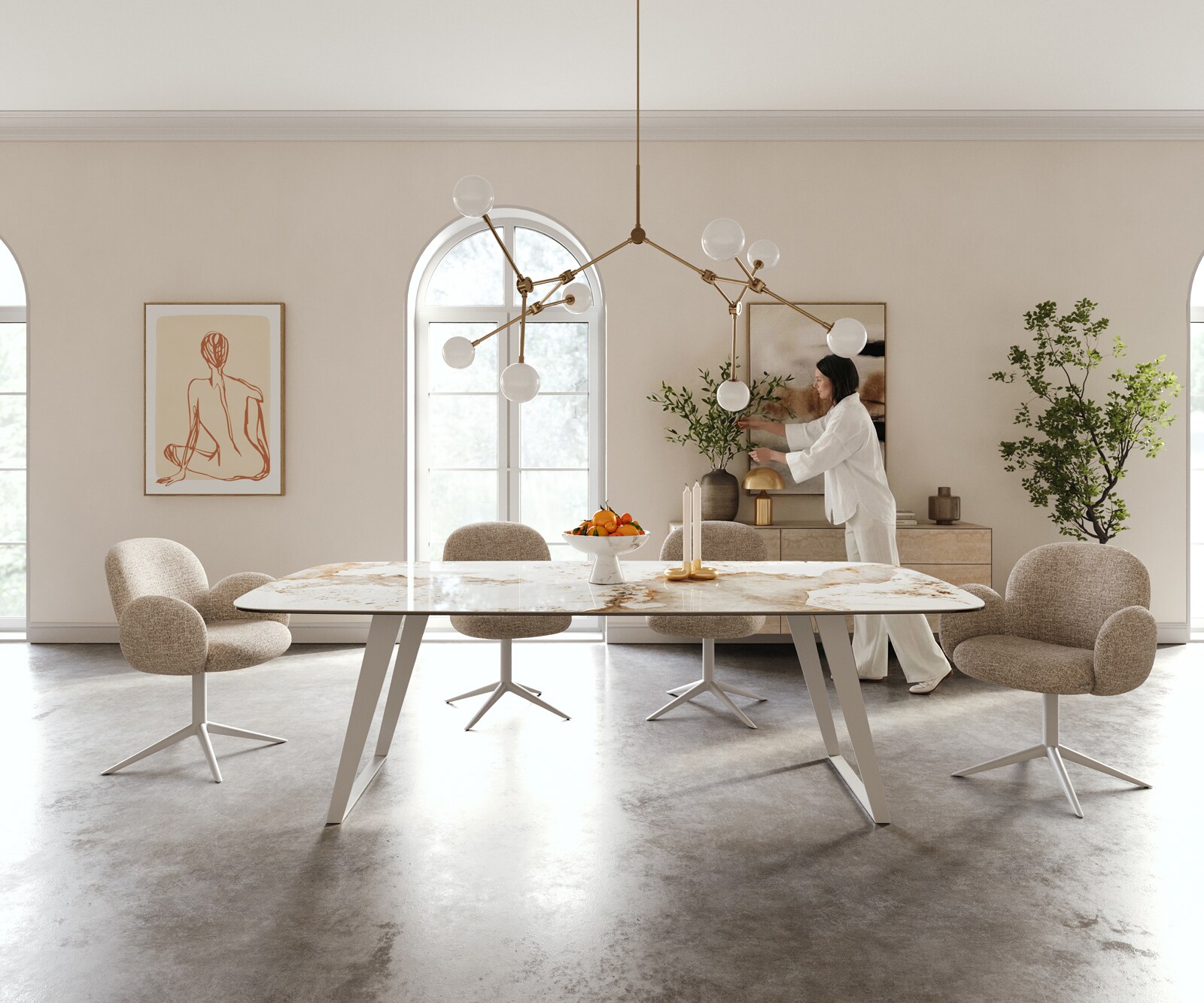 Table à manger Edge Boot 240x120 cm Céramique Minas Melange Blanc-Beige Métal Schräg Blanc 1