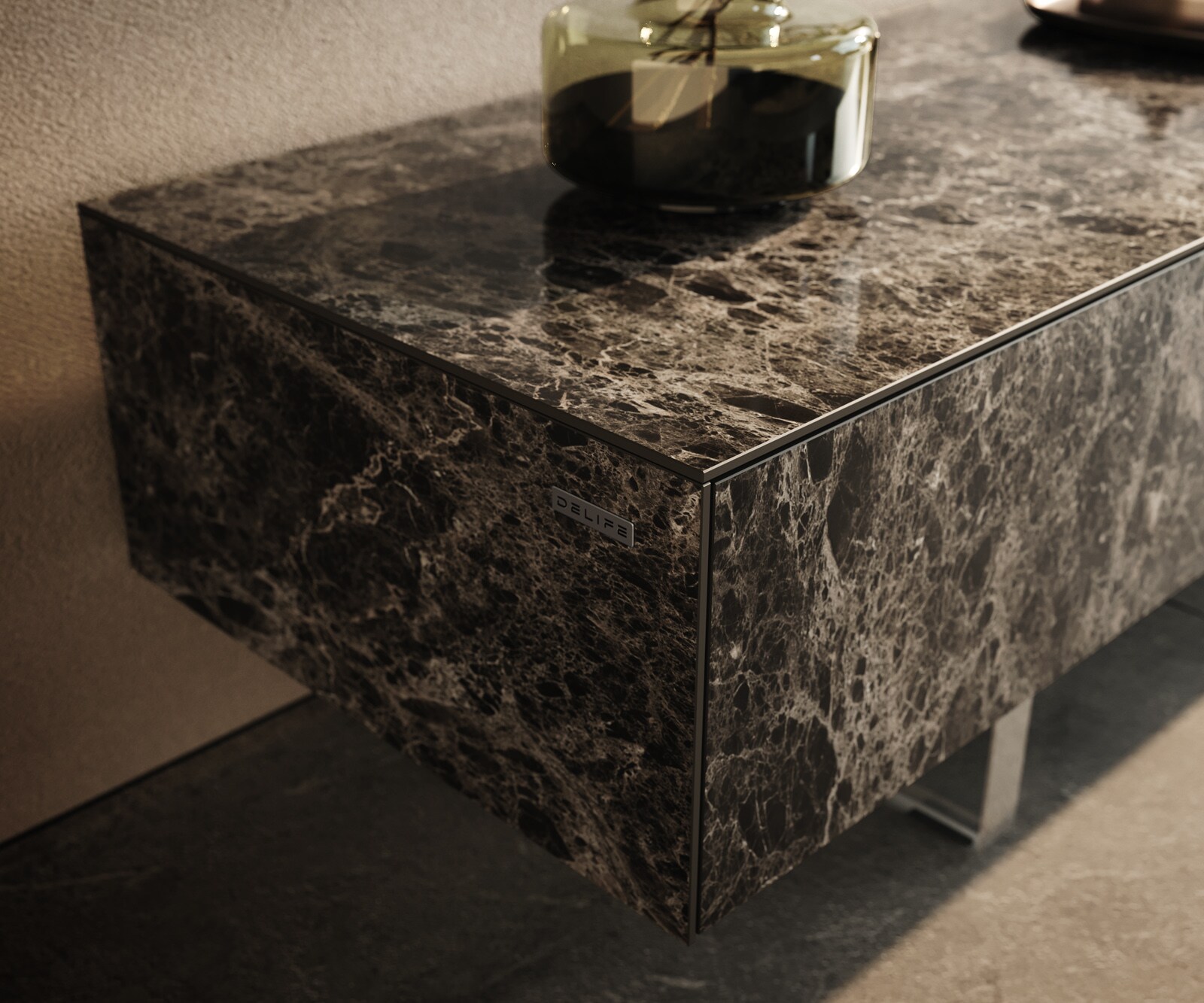Meuble-TV Cuor 200 cm Céramique Emperador Extra Lucidato brun foncé 1 Clapet 1 Tiroir Pied optique flottant Verre acrylique 5