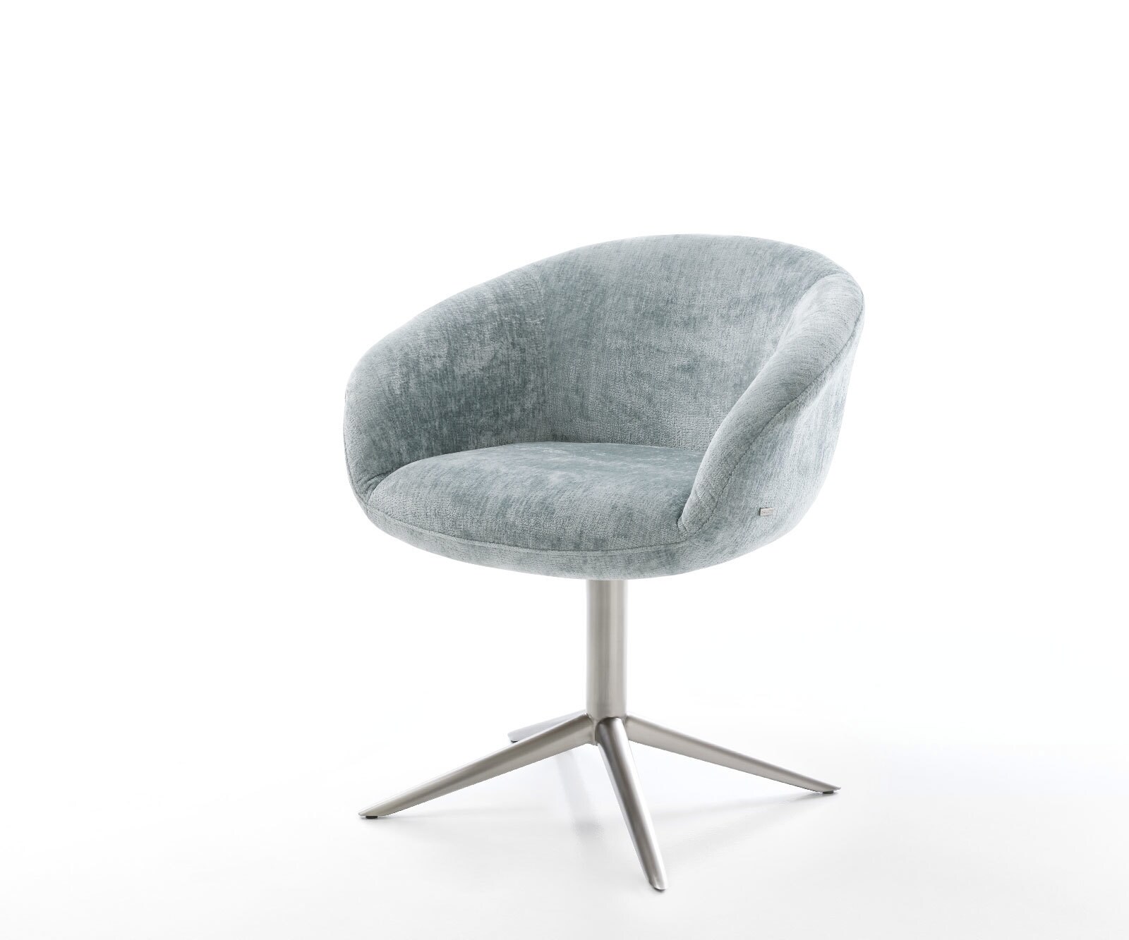 Chaise-pivotante Vinka-Flex avec accoudoirs chenille bleu pastel pied de chaise 4 branches acier inoxydable brossé pivotement sur 360° fonction bascule ressorts ensachés