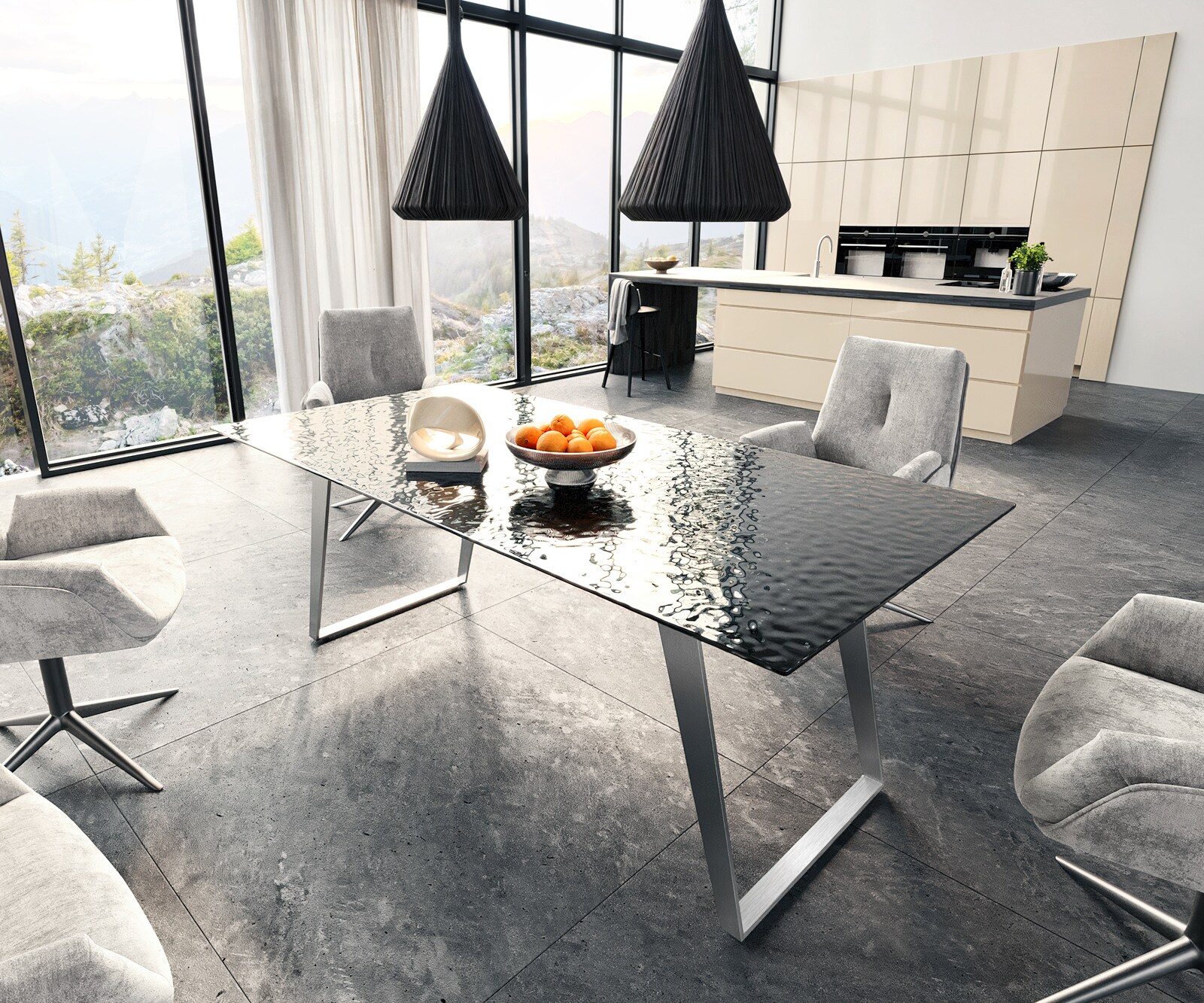 Table à manger Edge 200x100 verre fondu noir fumé relief en 3D acier inoxydable incliné