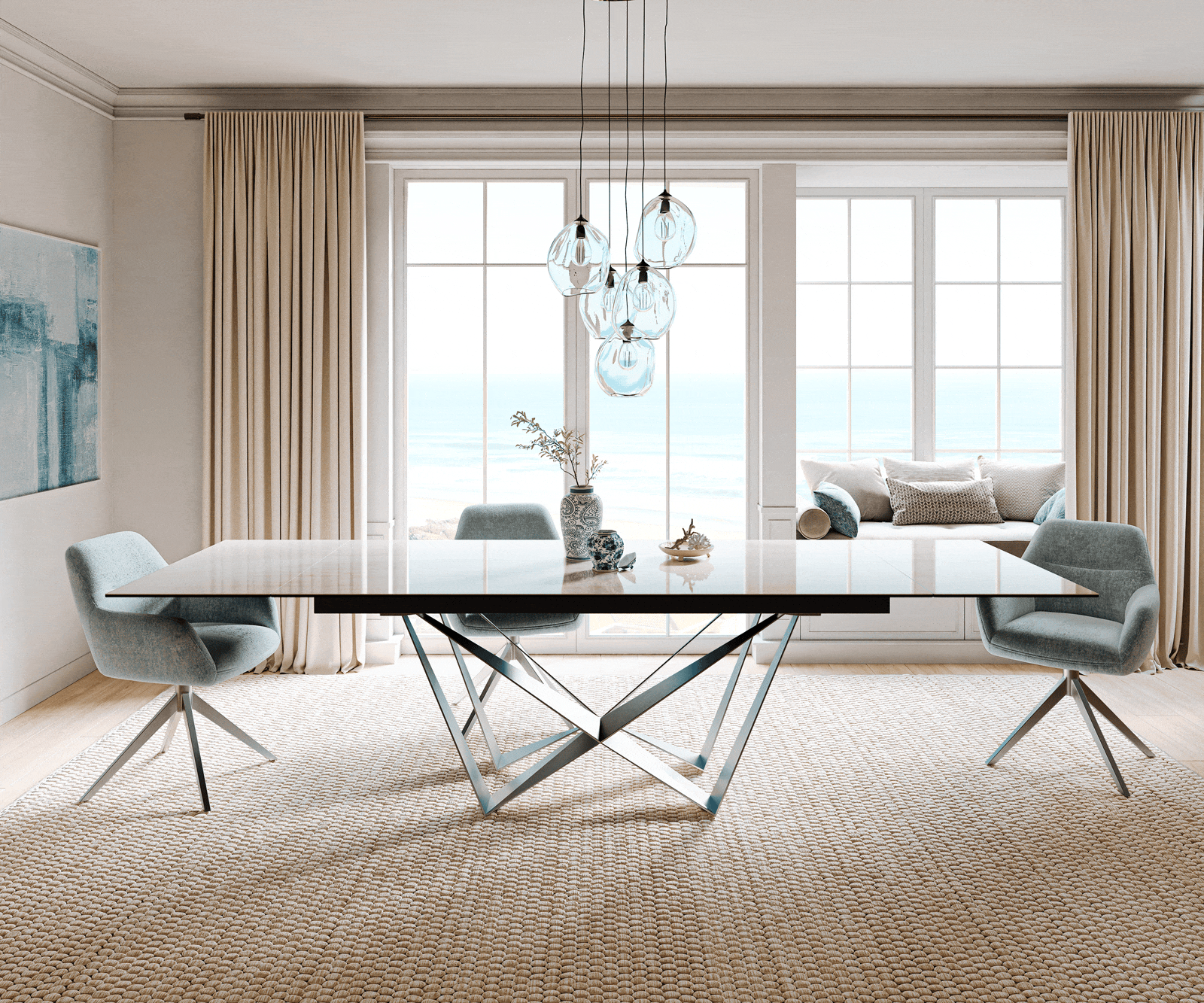 Esstisch Edge 200-300x100 cm Keramik Onyx Champagne Spider Flachstahl Edelstahl ausziehbar 1