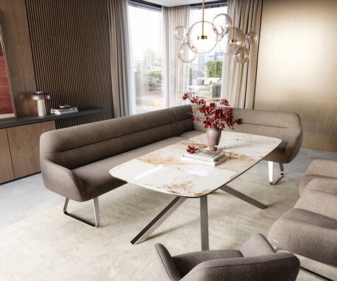 Esszimmerbank Taya-Flex 285x190 cm Strukturstoff Soft Taupe Kufengestell flach Edelstahl Taschenfederkern Rechts
