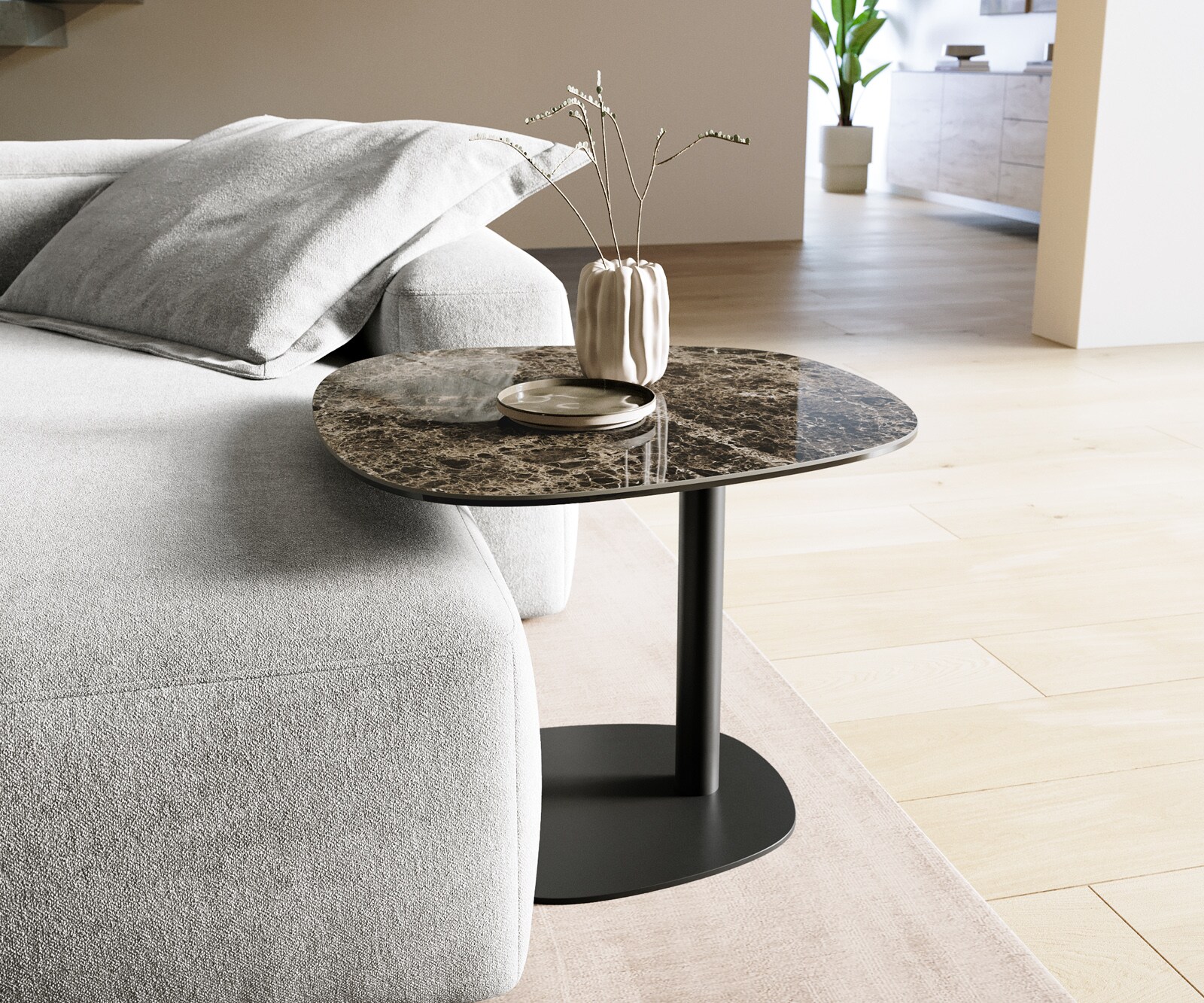 Beistelltisch Edge Boot 60x60 cm Keramik Emperador Extra Lucidato Dunkelbraun Eleny Metall Schwarz 1
