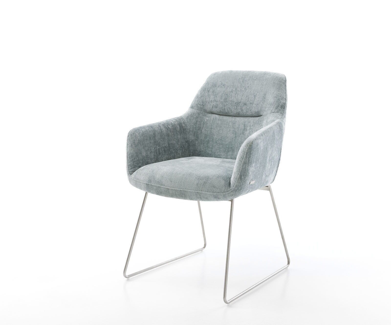 Chaise-de-salle-à-manger Pejo-Flex chenille bleu pastel pied trapèze acier inoxydable brossé ressorts ensachés 1
