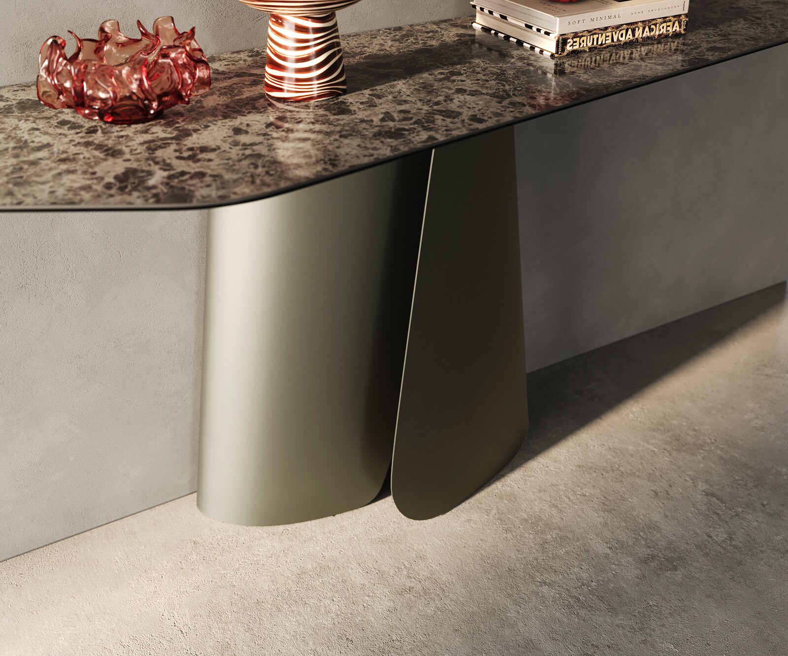 Console Edge Polygonal 180x50 cm Céramique Emperador Extra Lucidato Dunkelbraun Livos Métal Effektfinish Titan 5