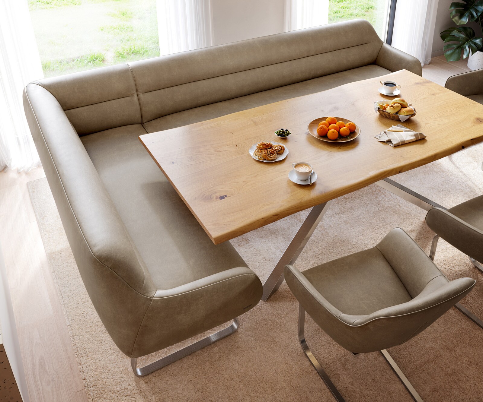 Banc-de-salle-à-manger Taya-Flex 285x190 cm microfibre beige vintage châssis à patins plat acier inoxydable ressort ensaché à droite 4