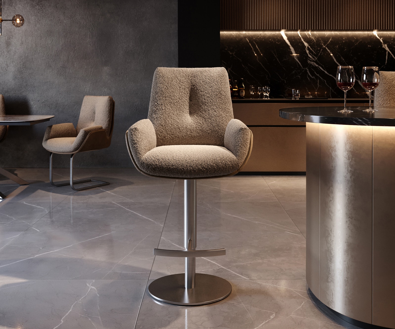Barstuhl Clea-Flex Materialmix Schlamm Drehfuß höhenverstellbar Edelstahl drehbar Taschenfederkern 1 Barstuhl Clea-Flex Materialmix Schlamm Drehfuß höhenverstellbar Edelstahl drehbar Taschenfederkern 1