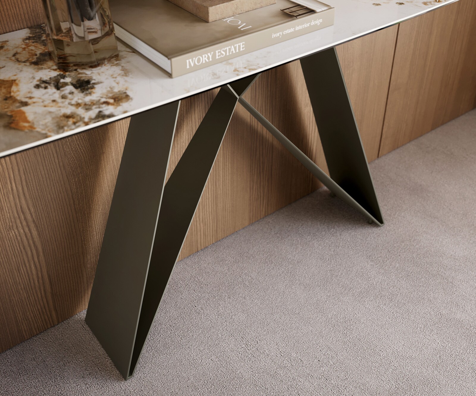 Konsolentisch Edge Boot 180x40 cm Keramik Minas Melange Weiß-Beige Velio Metall Effektfinish Titan 6