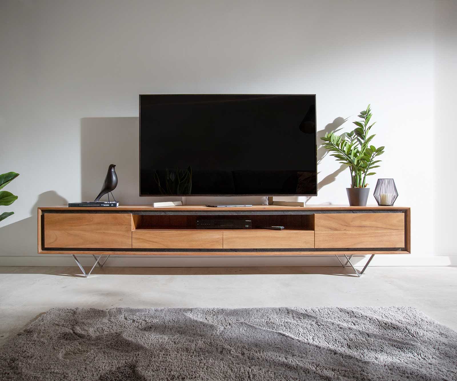 Meuble -TV Stonegrace 240 cm acacia nature 2 portes 1 compartiment 2 tiroirs placage en pierre pieds en V 1 Meuble -TV Stonegrace 240 cm acacia nature 2 portes 1 compartiment 2 tiroirs placage en pierre pieds en V 1