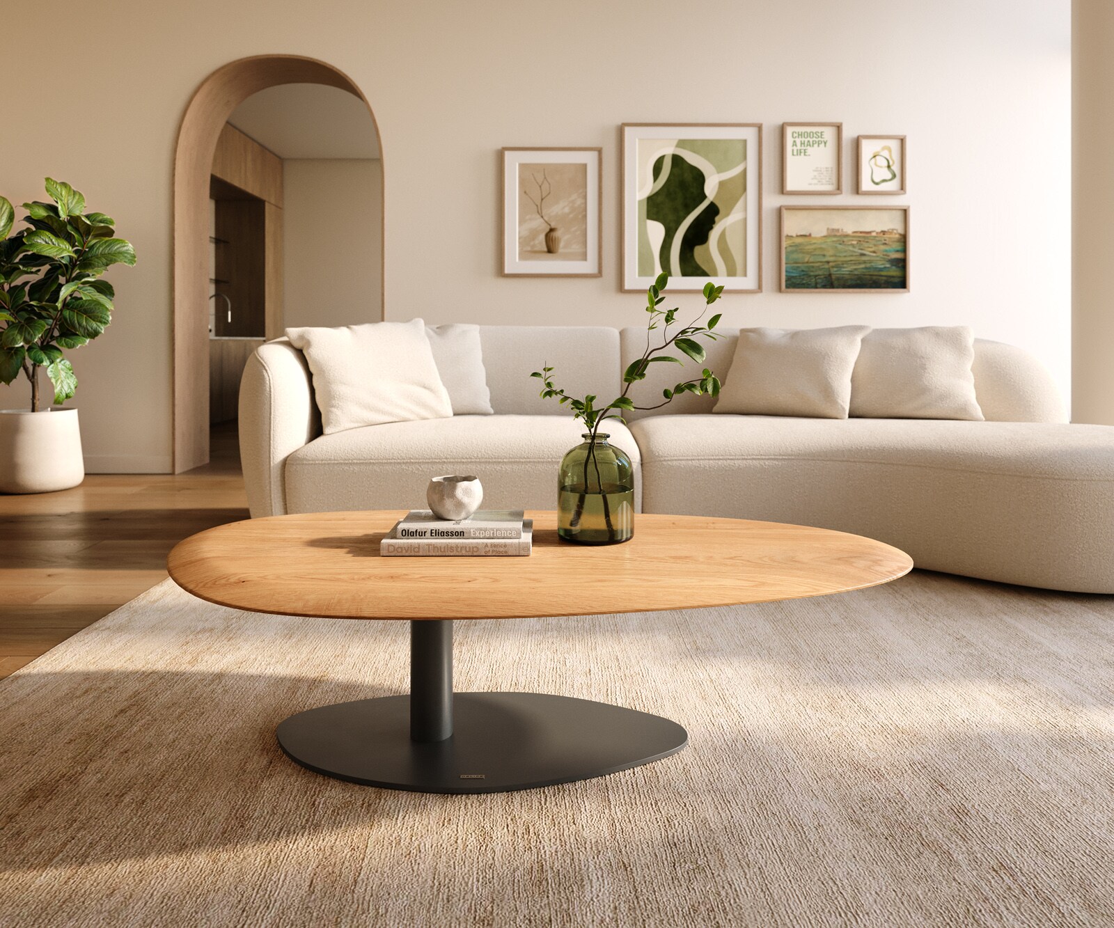 Table basse Edge Oval 140x75 cm chêne naturel bord arrondi Vibany métal noir 2