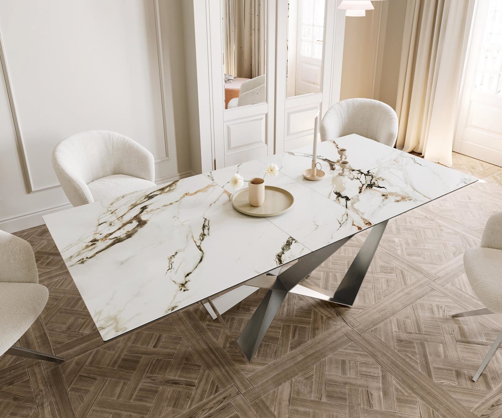 Esstisch Edge 180-220x100 Keramik Calacatta Luxe Weiß-Gold-Grau Spider Flachstahl Edelstahl ausziehbar 4