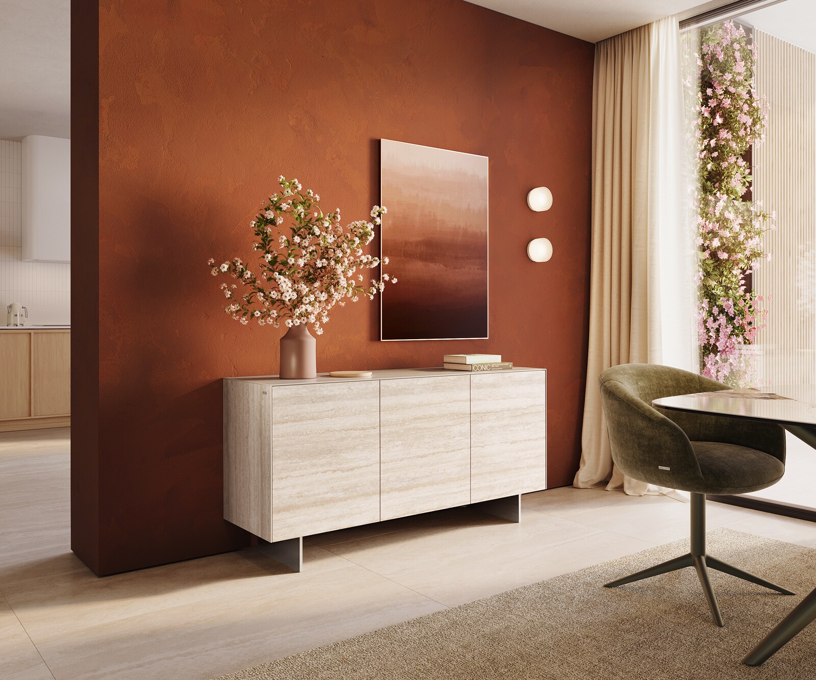 Sideboard Cuor 150 cm Keramik Laminam® Travertino Bianco Creme-Weiß 3 Türen Fuß Schwebeoptik Edelstahl 1