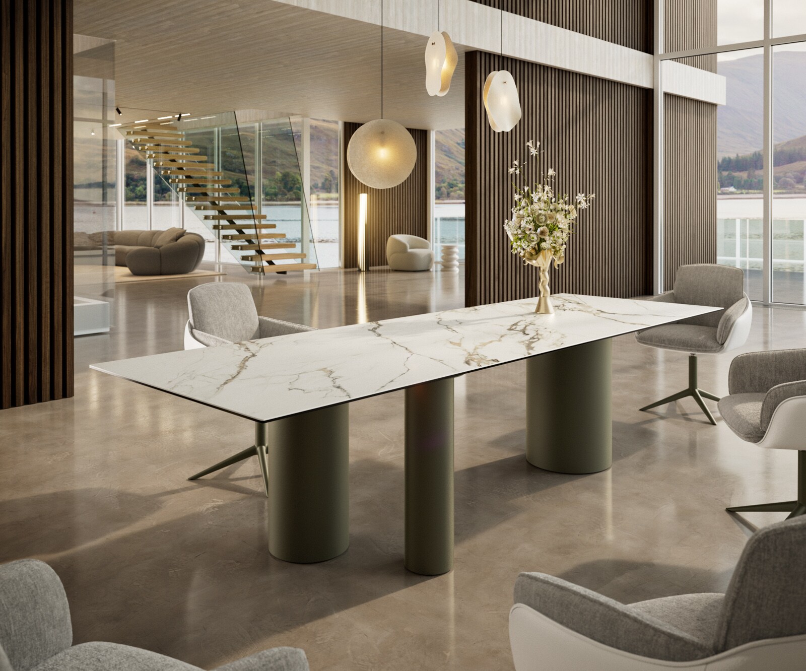Esstisch Edge 300x100 Keramik Calacatta Luxe Weiß-Gold-Grau Troa Metall Effektfinish Titan 1