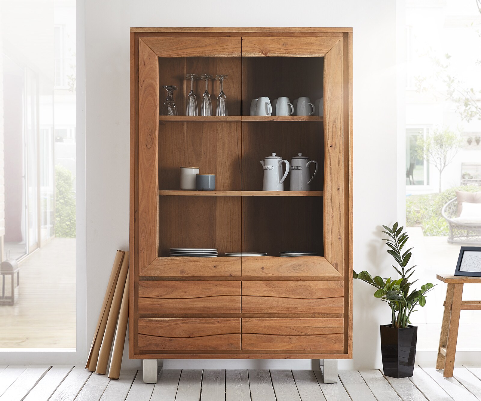 Vitrine Live-Edge 120x190 cm Akazie Natur gerade Kante 2 Türen 4 Schubladen Massiv 2