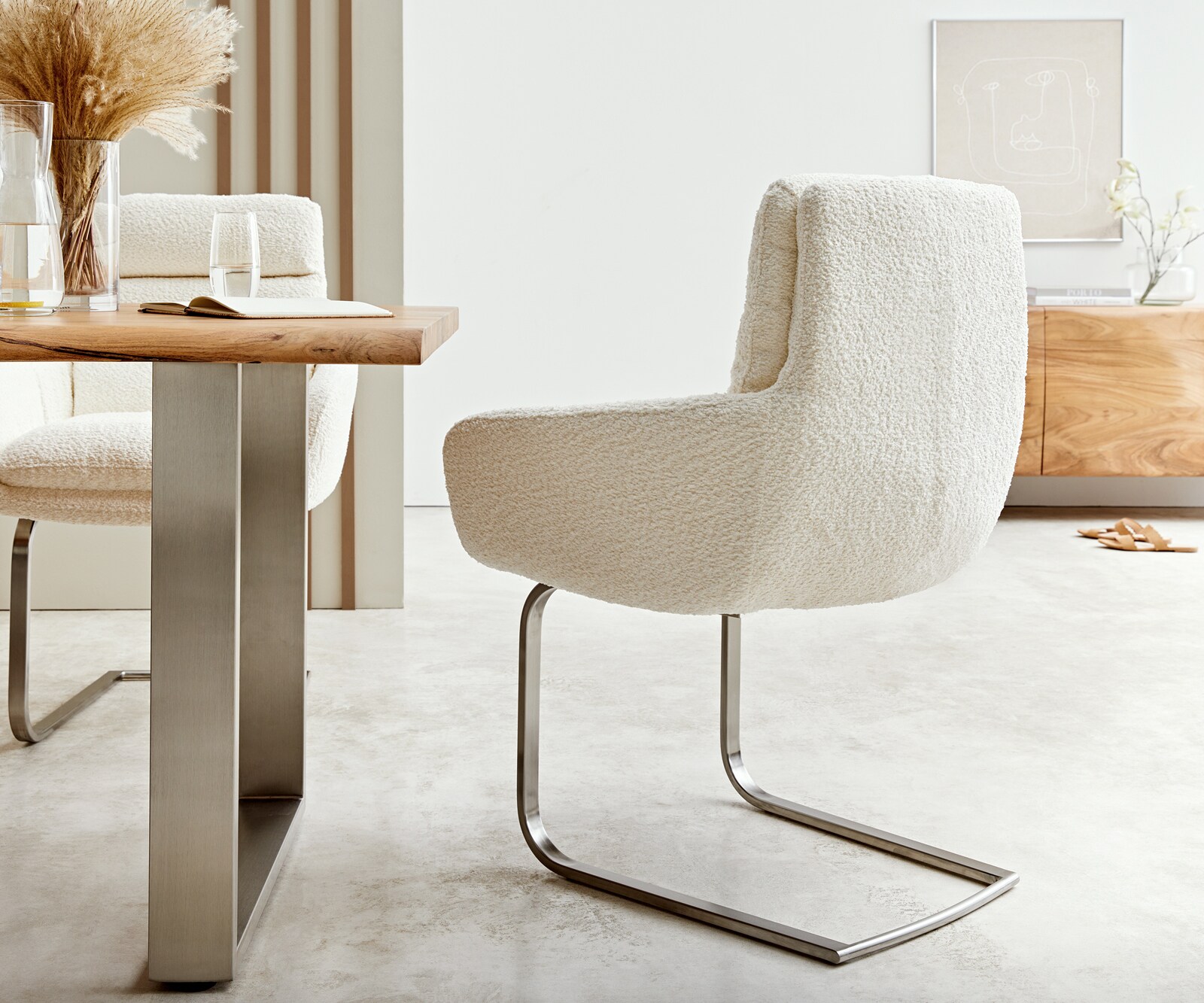 Cantilever Abelia-Flex avec accoudoirs bouclé blanc pied cantilever plat acier inoxydable brossé 4