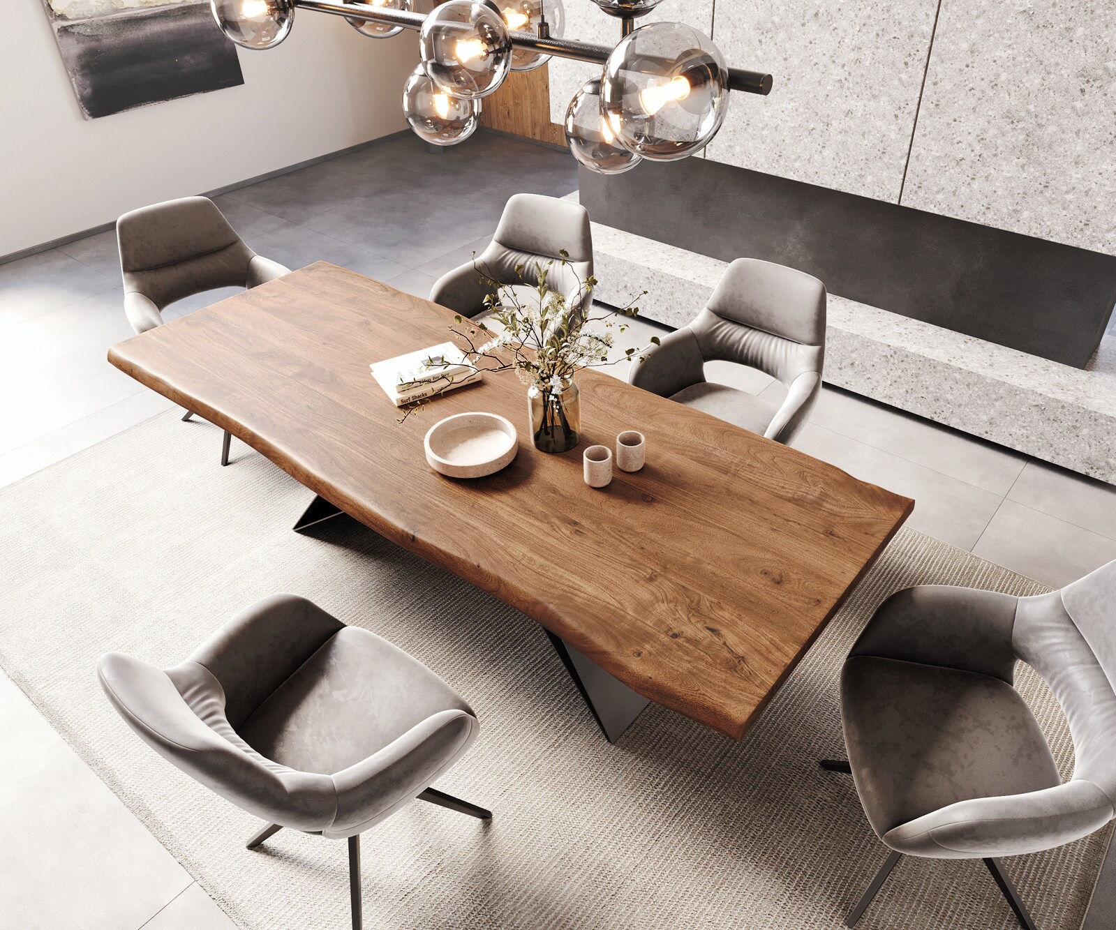 Table à manger Edge 260x100 XL acacia marron cadre en V acier plat noir Live-Edge 4