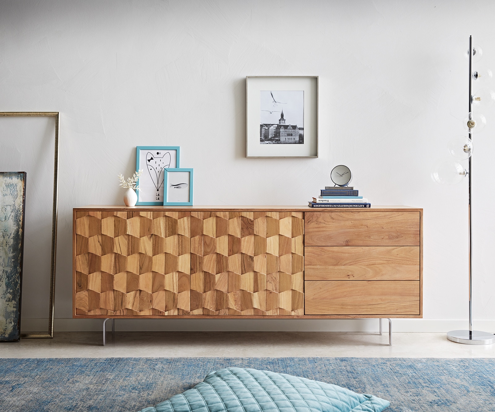 Sideboard Fevo 175 cm Akazie Natur 2 Türen 3 Schubfächer L-Fuß 1 Sideboard Fevo 175 cm Akazie Natur 2 Türen 3 Schubfächer L-Fuß 1