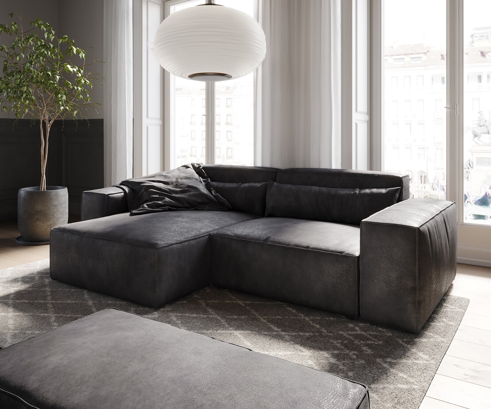 Ecksofa Sirpio 230x155 cm Lederimitat Vintage Anthrazit Recamiere variabel mit Hocker