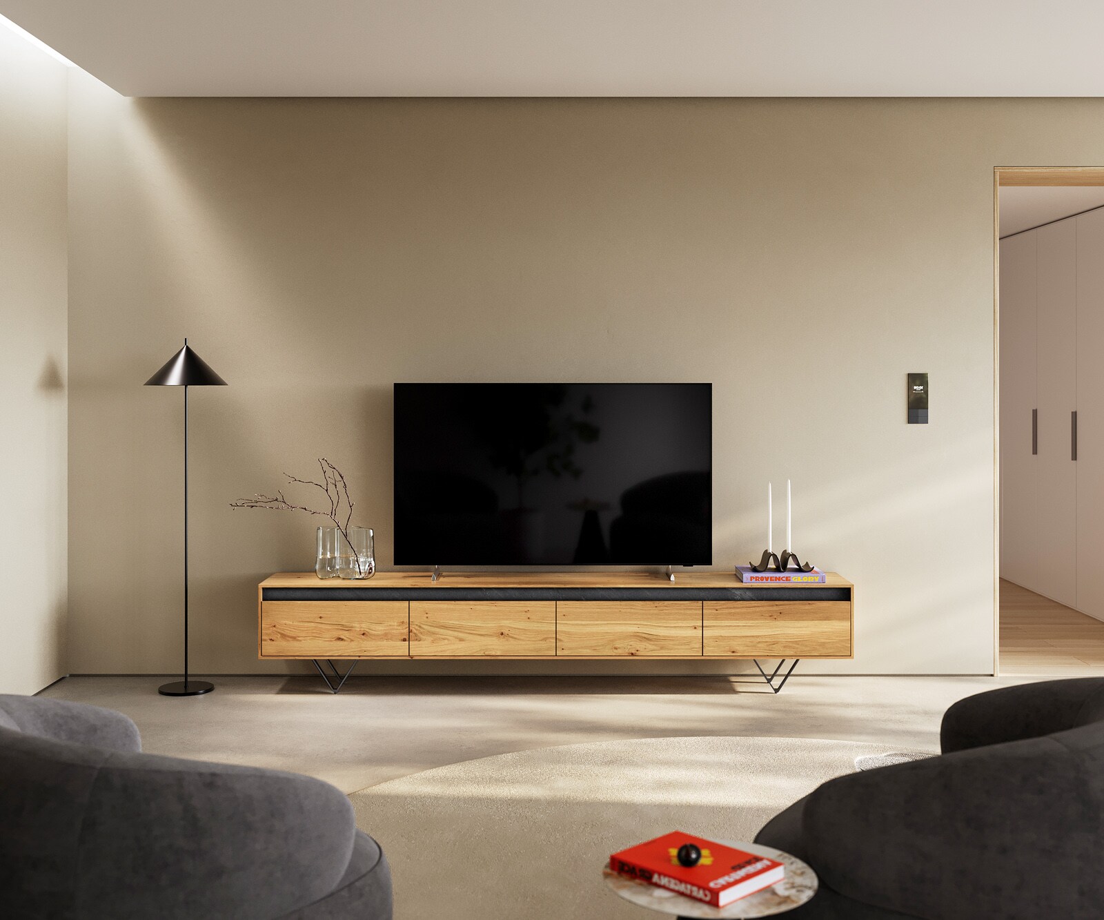 Meuble TV Stonegrace 240 cm chêne naturel 4 portes pied en V métal noir 1
