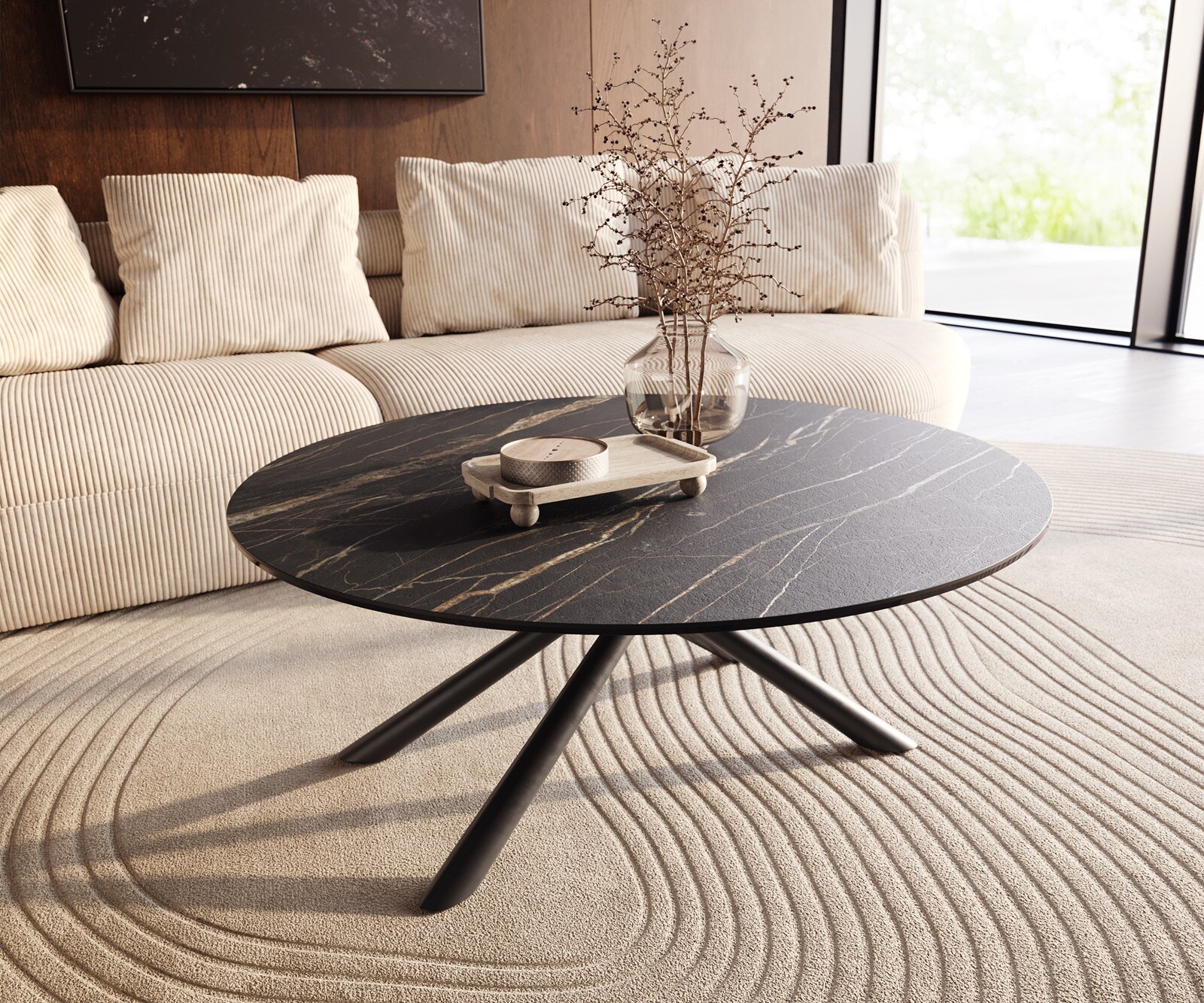 Table basse Edge rond 100x100 cm céramique Laminam® Noir Desir brun Sarity métal noir