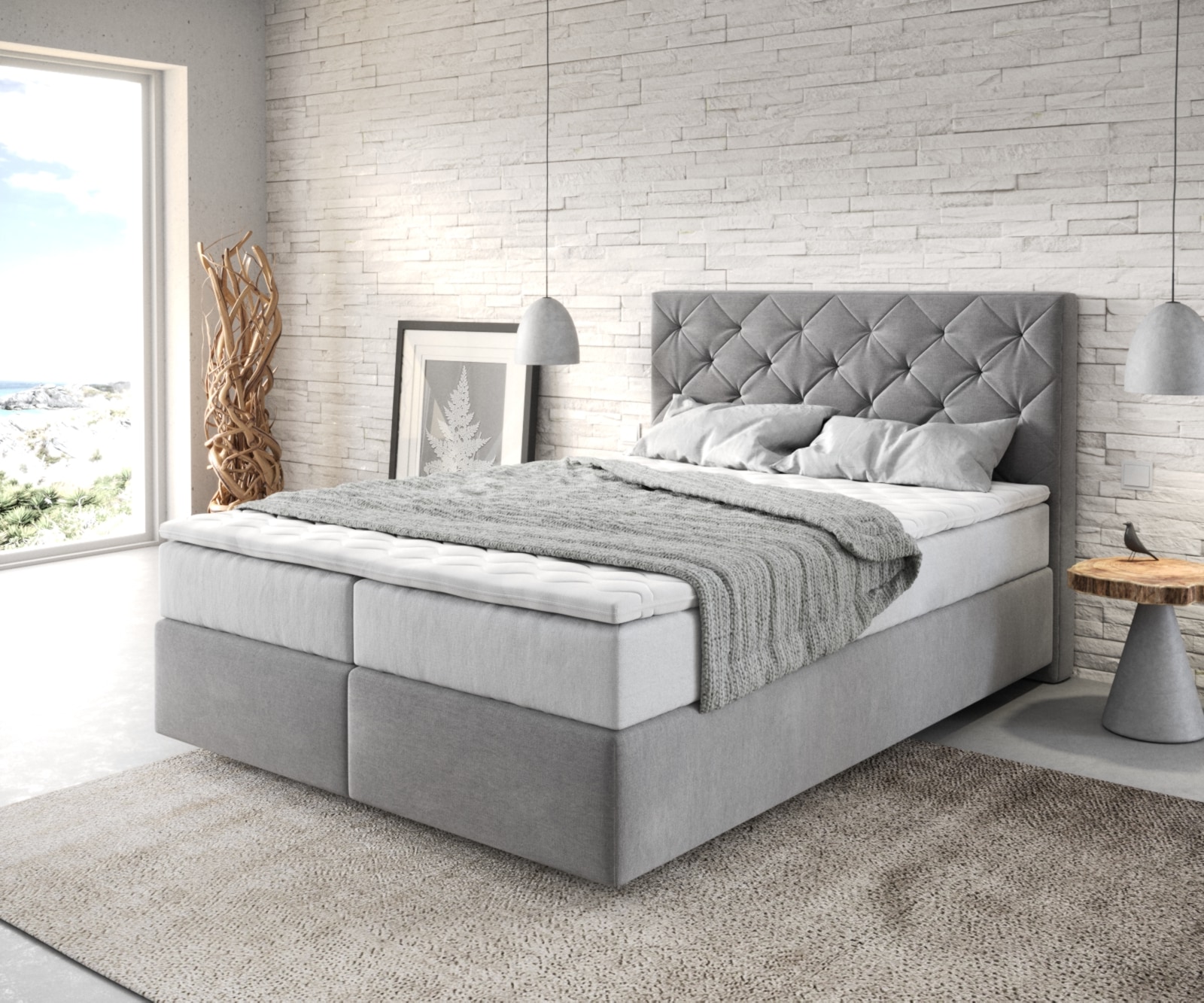 Boxspringbett Dream-Great 140x200 cm Mikrofaser Grau mit TFK Matratze und Visco Topper