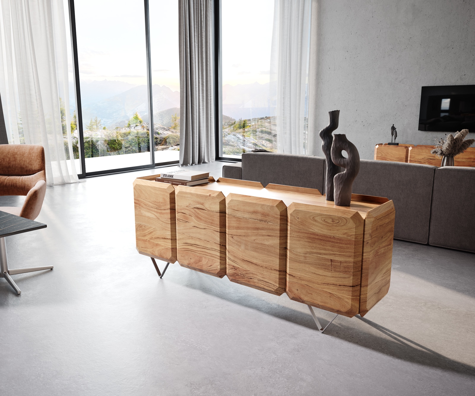 Sideboard Kiano 175 cm Akazie Natur 4 Türen V-Fuß Edelstahl Raumteiler Sideboard Kiano 175 cm Akazie Natur 4 Türen V-Fuß Edelstahl Raumteiler