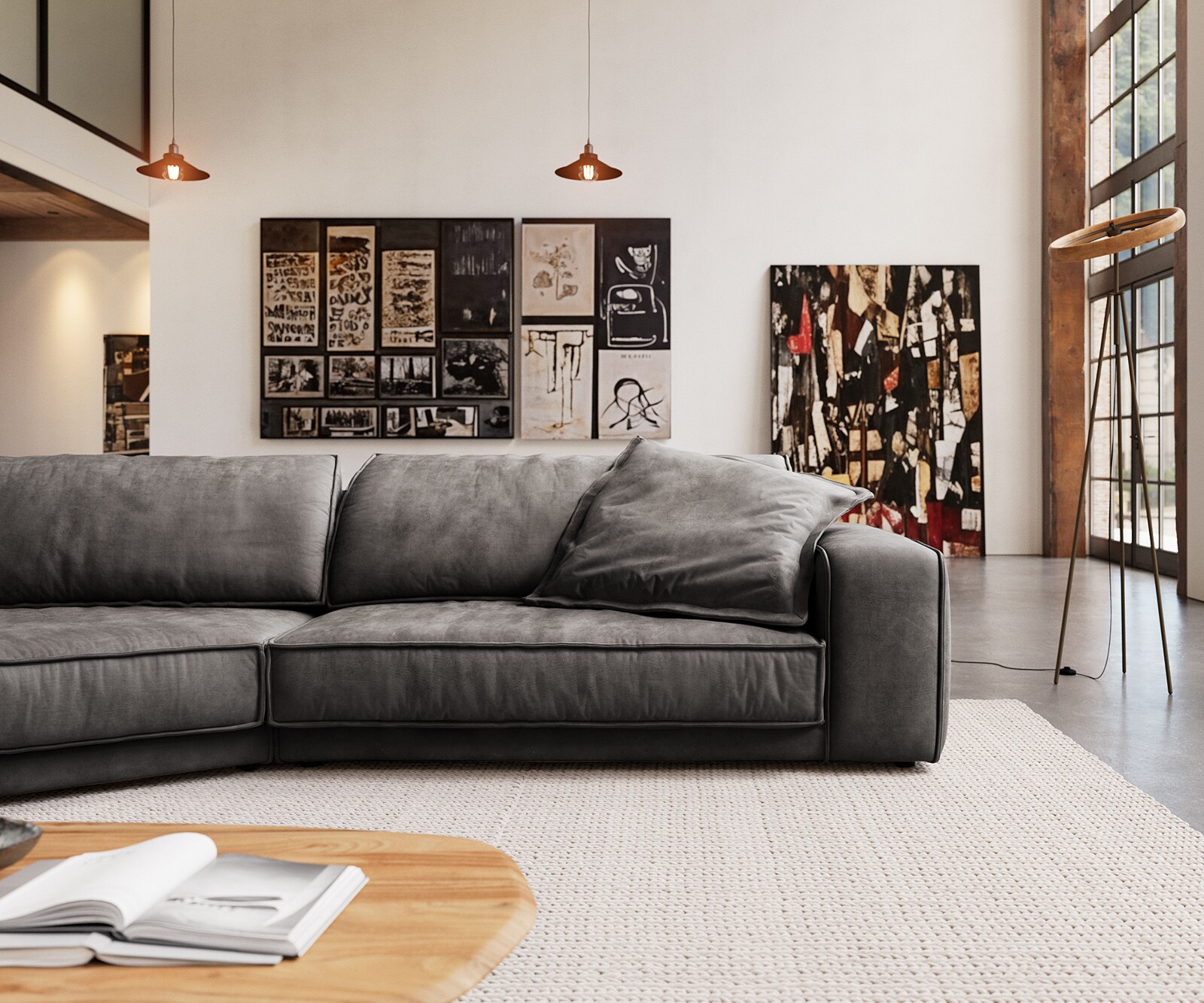 Canapé Snoosh 400x150 cm microfibre noire vintage avec méridienne à gauche 1