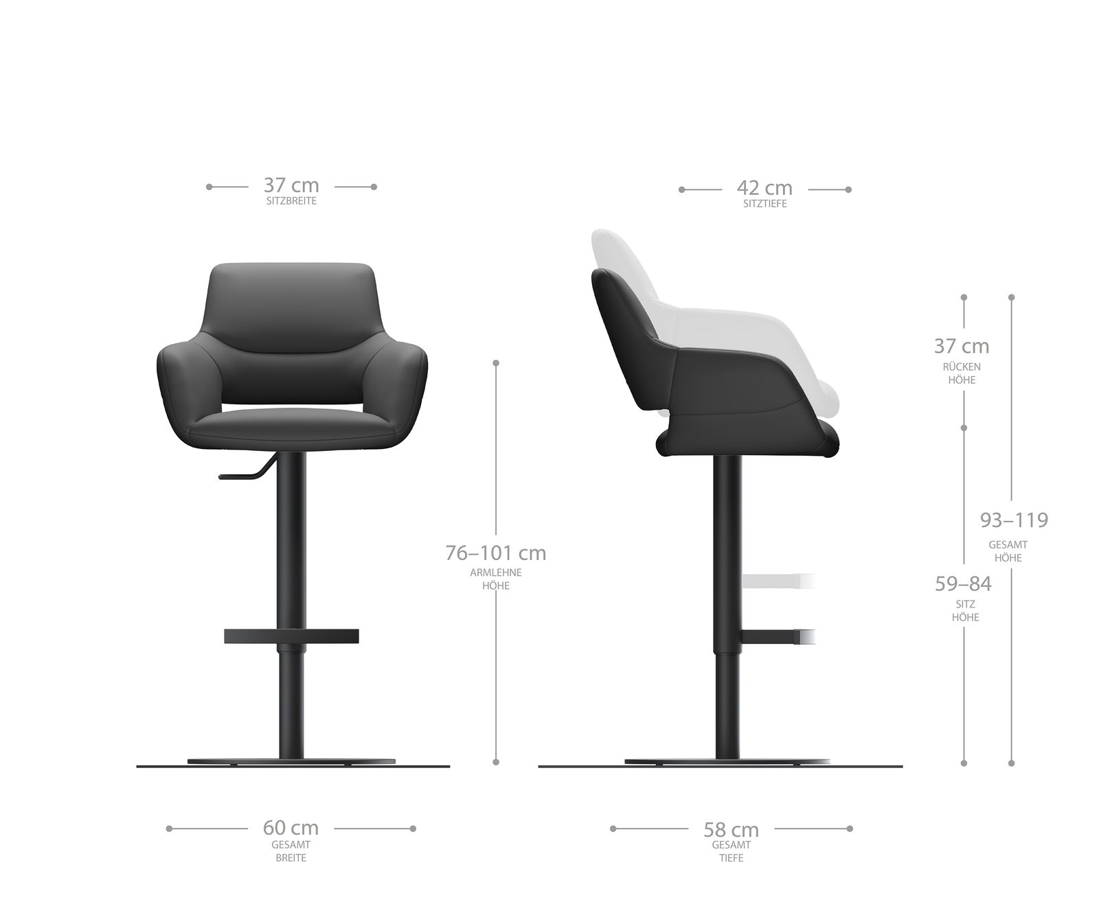 Chaise-de-bar Yago-Flex Bouclé gris argenté Pied pivotant réglable en hauteur Métal noir pivotant Ressorts ensachés 6