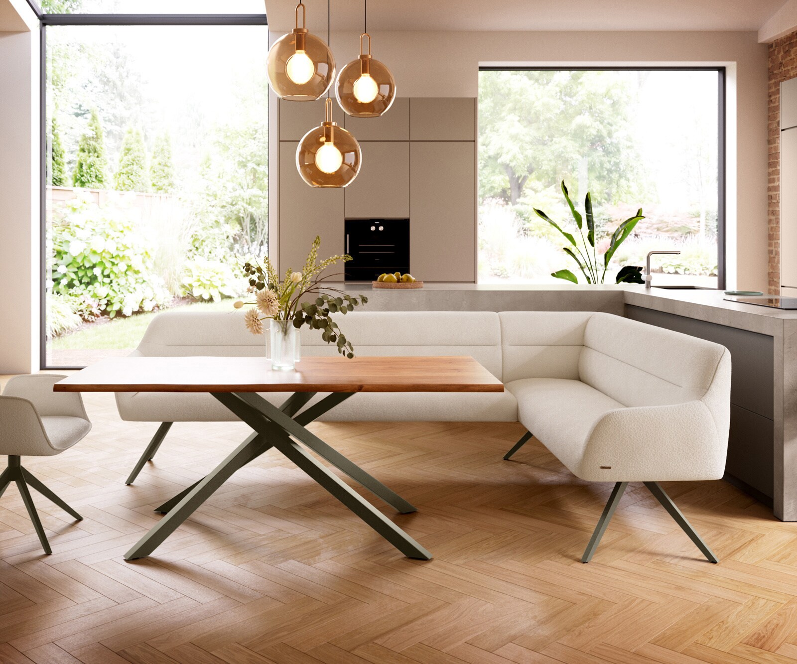 Banc-de-salle-à-manger Taya-Flex 285x190 cm bouclé crème-blanc pied croisé angulaire titane ressort ensaché liens 2