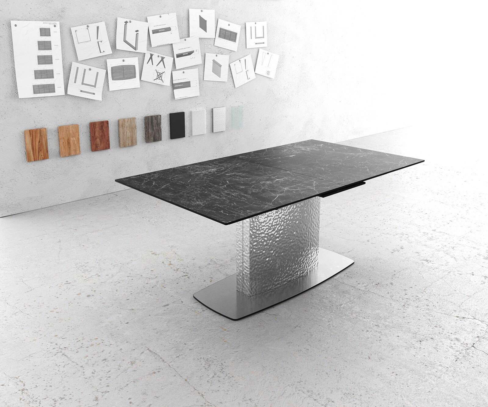 Table à manger Edge 180-220x100 céramique Laminam®Nero Greco gris Wave acier inoxydable extensible 1
