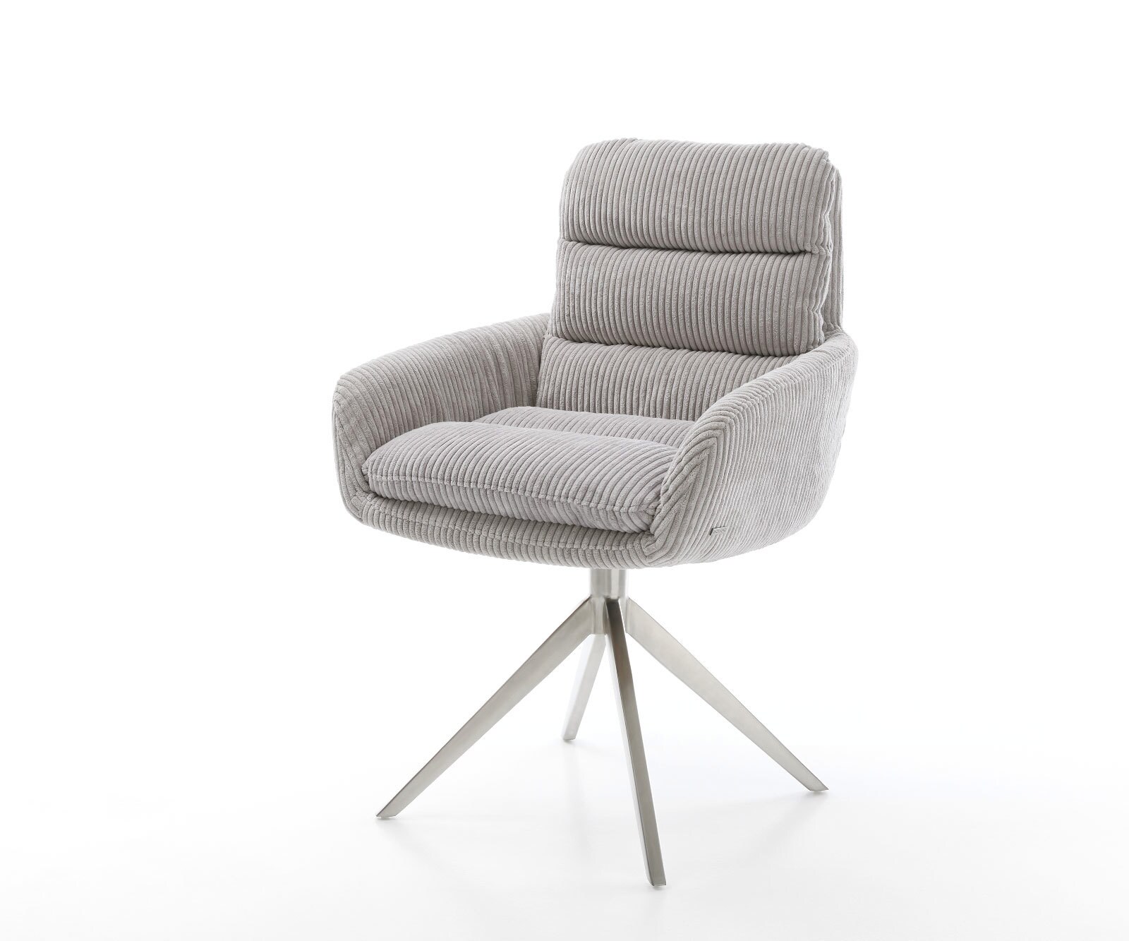 Drehstuhl Abelia-Flex mit Armlehnen Cord Silbergrau Kreuzgestell breit Edelstahl 360° drehbar