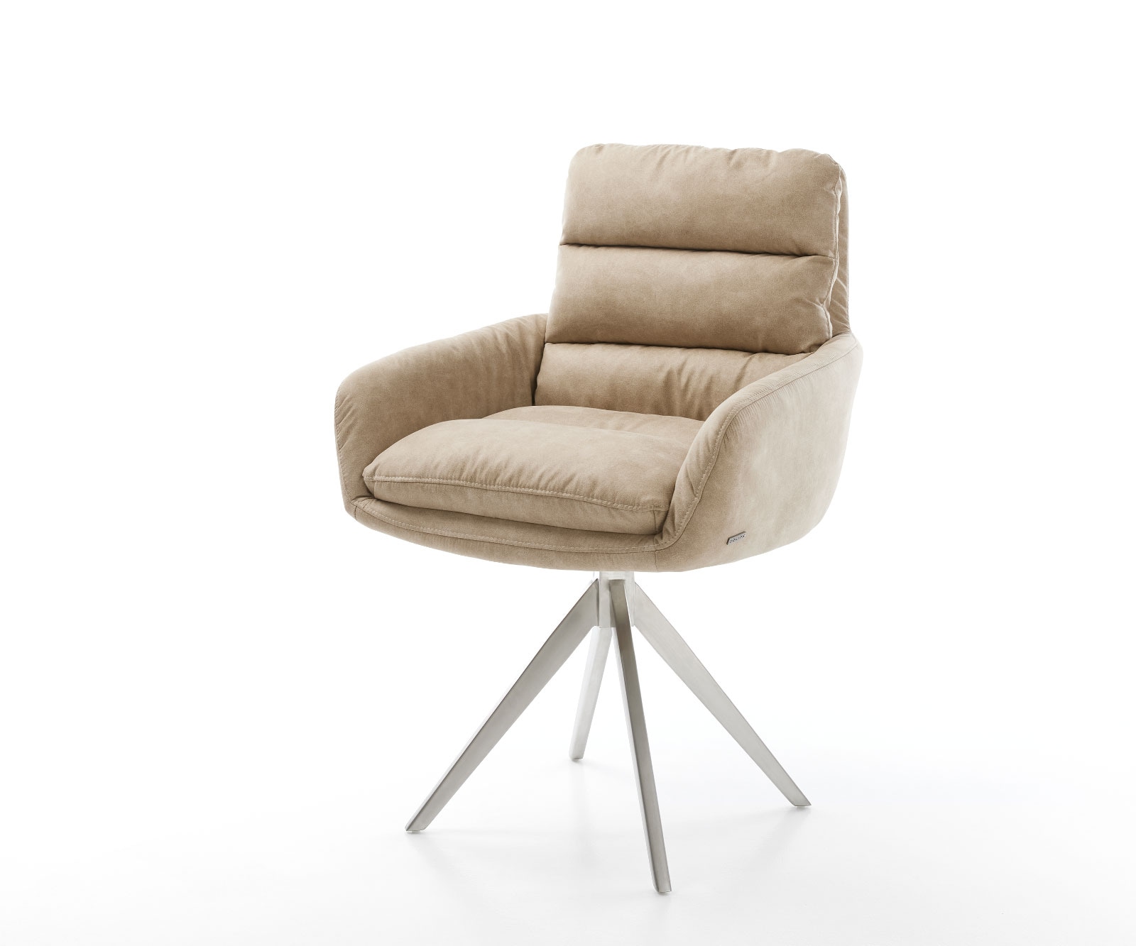Drehstuhl Abelia-Flex mit Armlehnen Beige Vintage Kreuzgestell kantig Edelstahl 180° drehbar