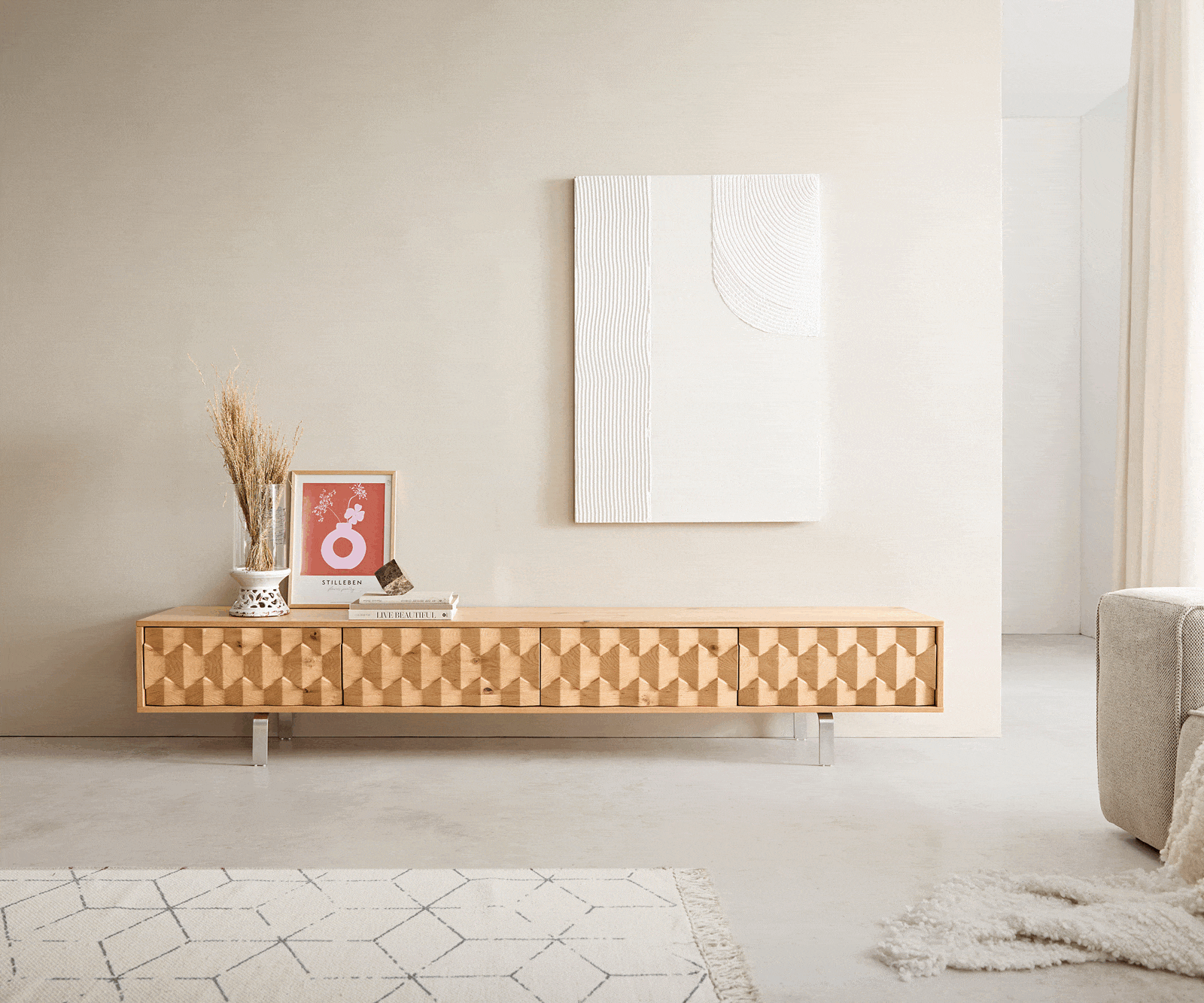 Lowboard Fevo 220 cm Eiche Natur 4 Türen L-Fuß Edelstahl 3 Lowboard Fevo 220 cm Eiche Natur 4 Türen L-Fuß Edelstahl 3