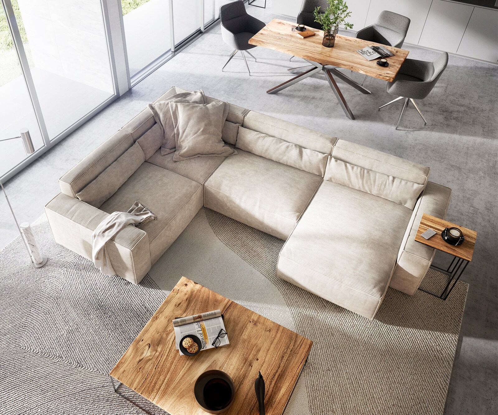Wohnlandschaft Sirpio 300x210 cm Cord Beige Recamiere variabel 3