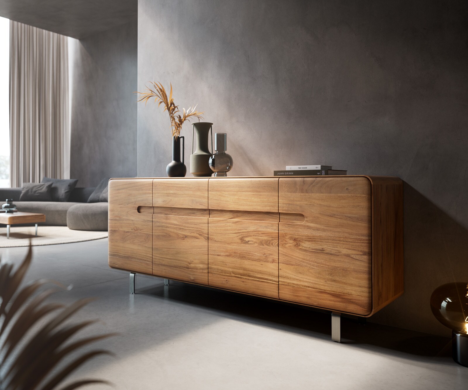 Sideboard Anaya 175 cm Akazie Natur 4 Türen L-Fuß Edelstahl