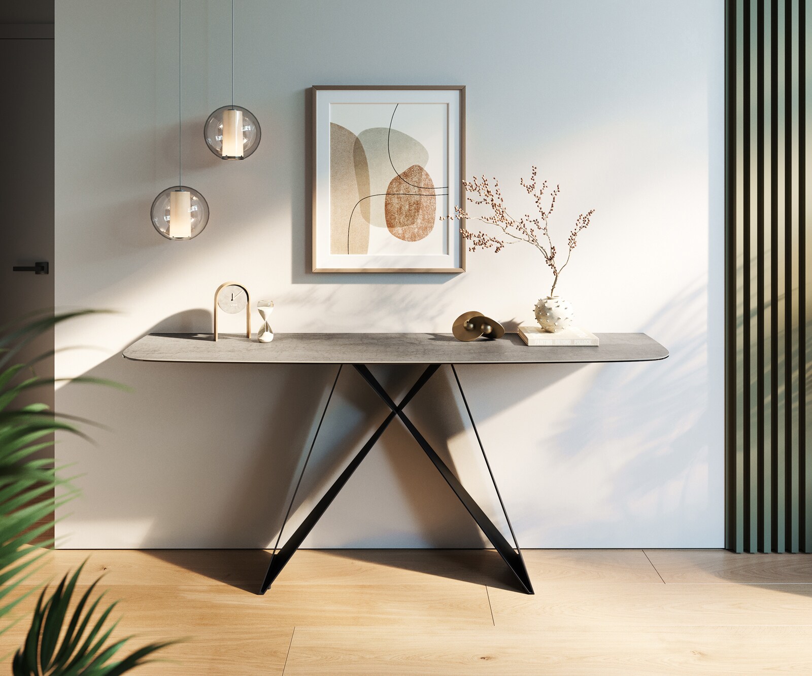 Console Edge forme bateau 180x40 cm Céramique Gris béton Conos Métal Noir 2