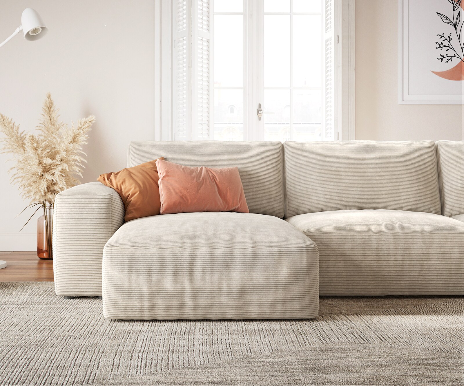 Grand canapé d’angle Lanzo 300x210 cm velours côtelé beige méridienne réversible 5